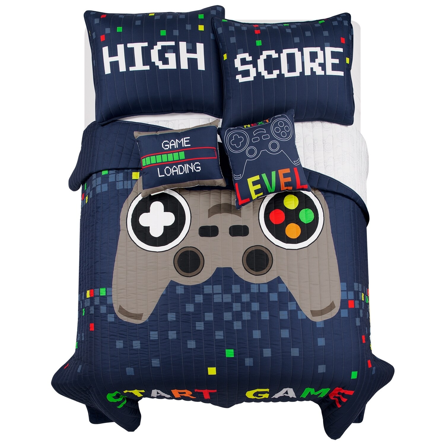 Navy Reversible Video Game Full Quilt Set with Pillows