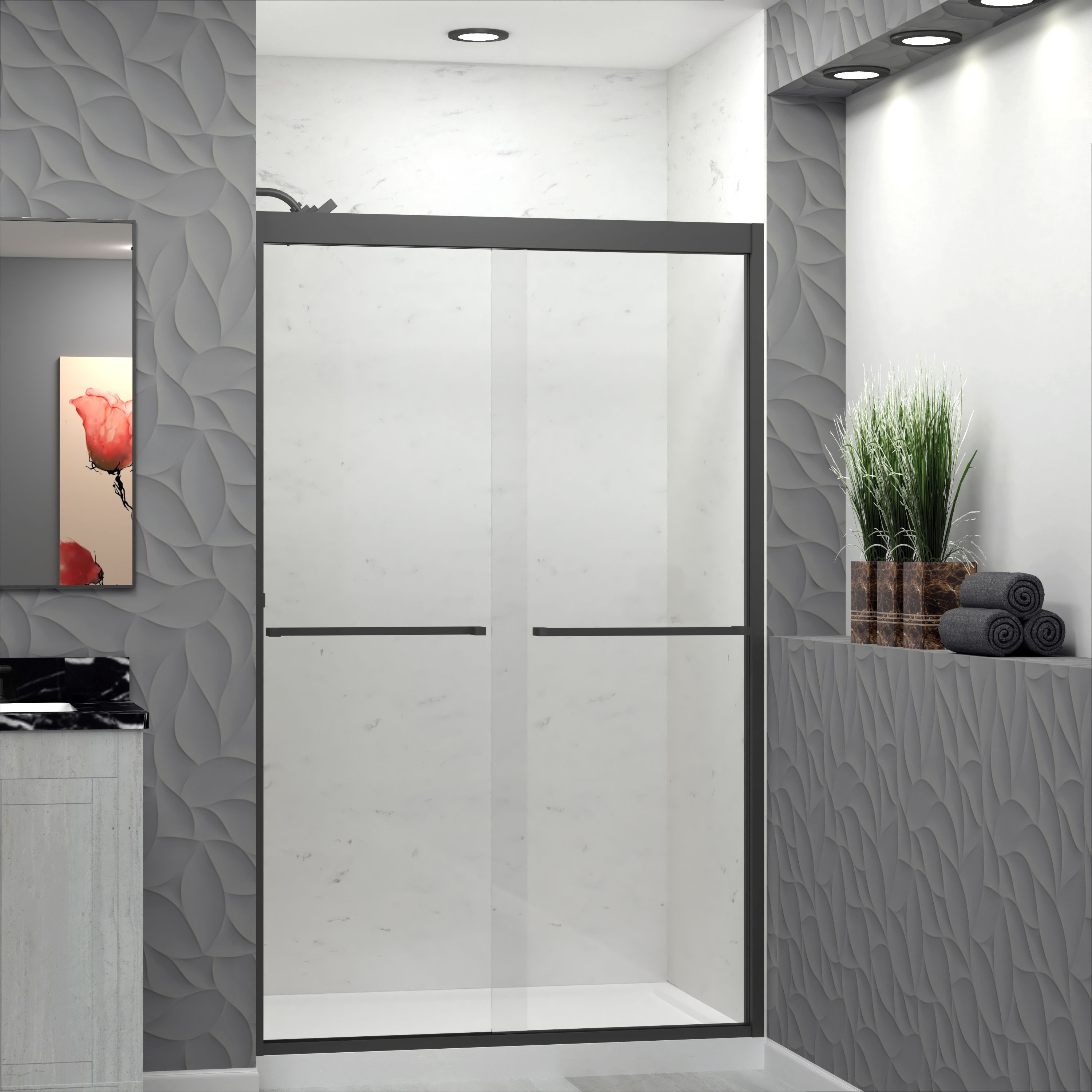 Transolid FBPT487608C-S-MB Frederick Matte Black 45-3/4-in to 47-in x 76-in Semi-frameless Sliding Soft Close Shower Door