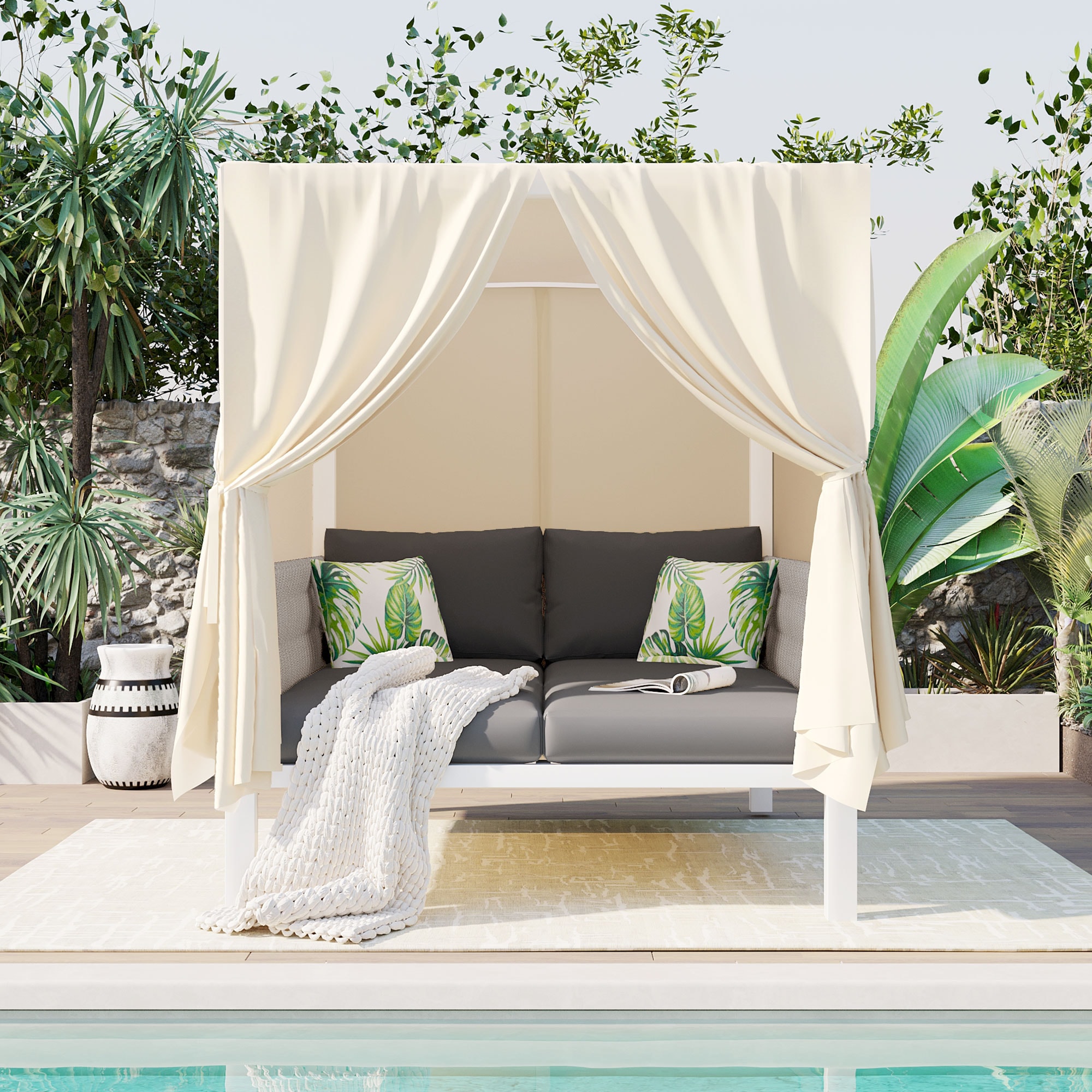 JIMSMAISON BOUSPDB06GR-BEG Woven Outdoor Daybed with Gray Cushions and Iron Frame