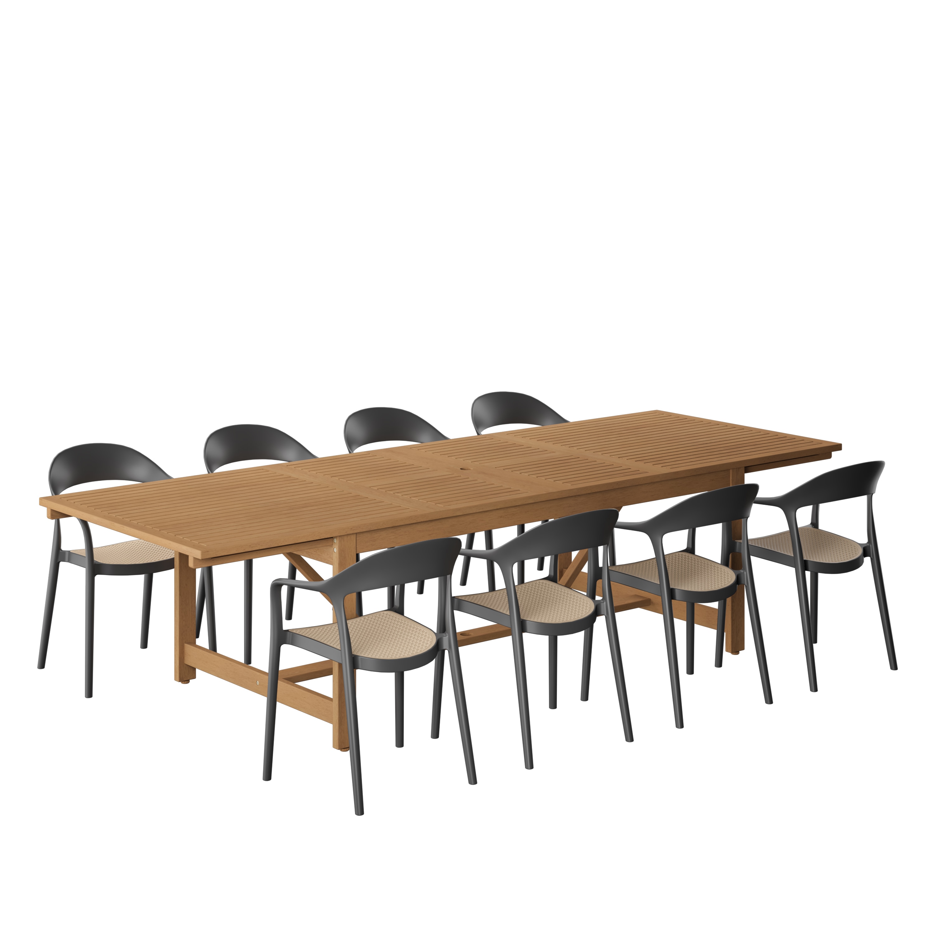 Amazonia LWS-LEYLOT-8-CARA-BK 9 -Piece Brown Patio Dining Set Extendable Table Wood Rectangle Table with 8 Stackable Stationary and Motion Chairs