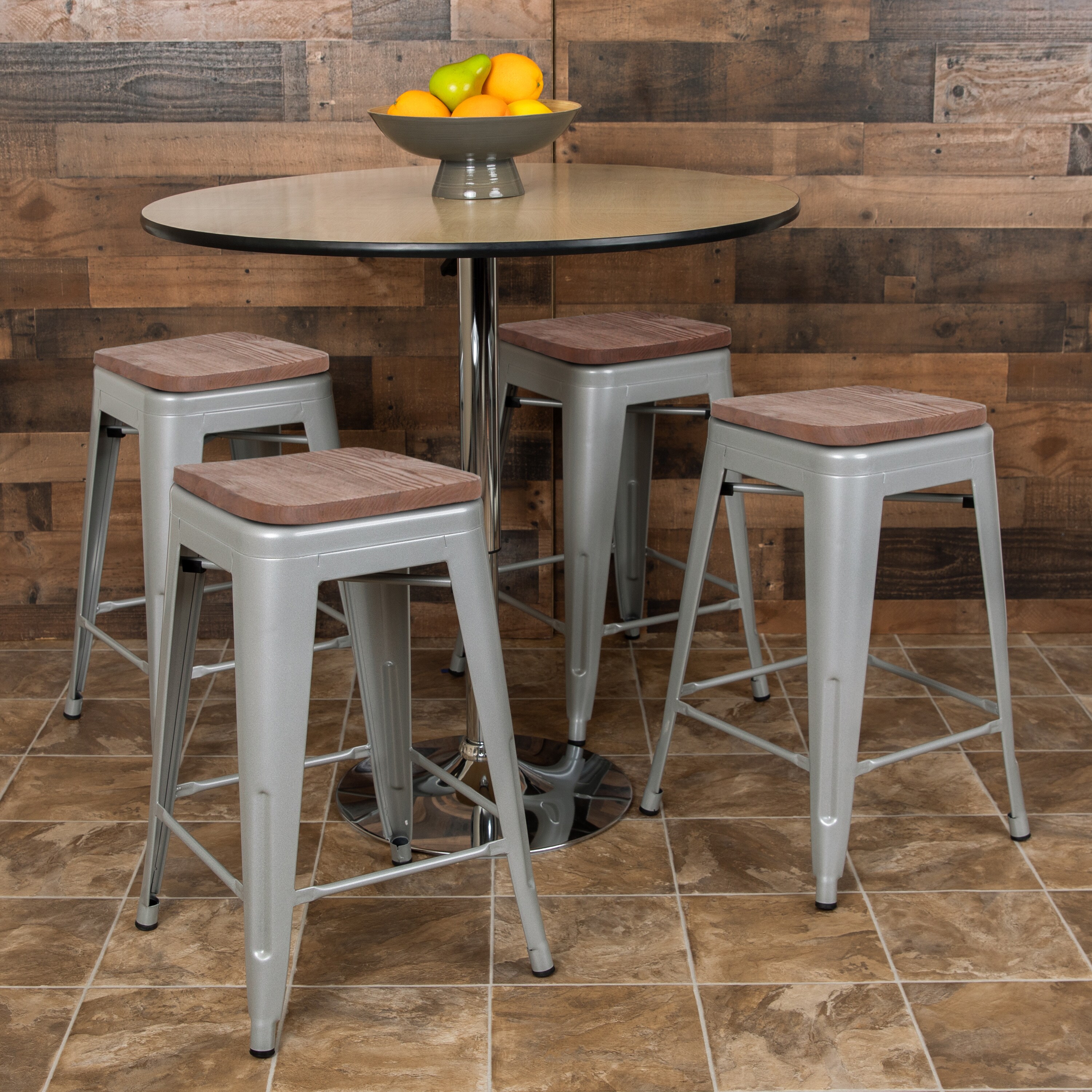 Modern 24" Silver Metal and Wood Stackable Bar Stools - Set of 4