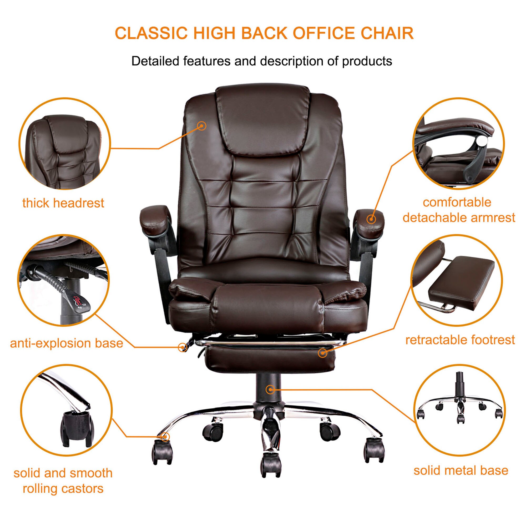 Executive Chair, High Back Leather Desk Chair w/ Retractable Footrest - Brown