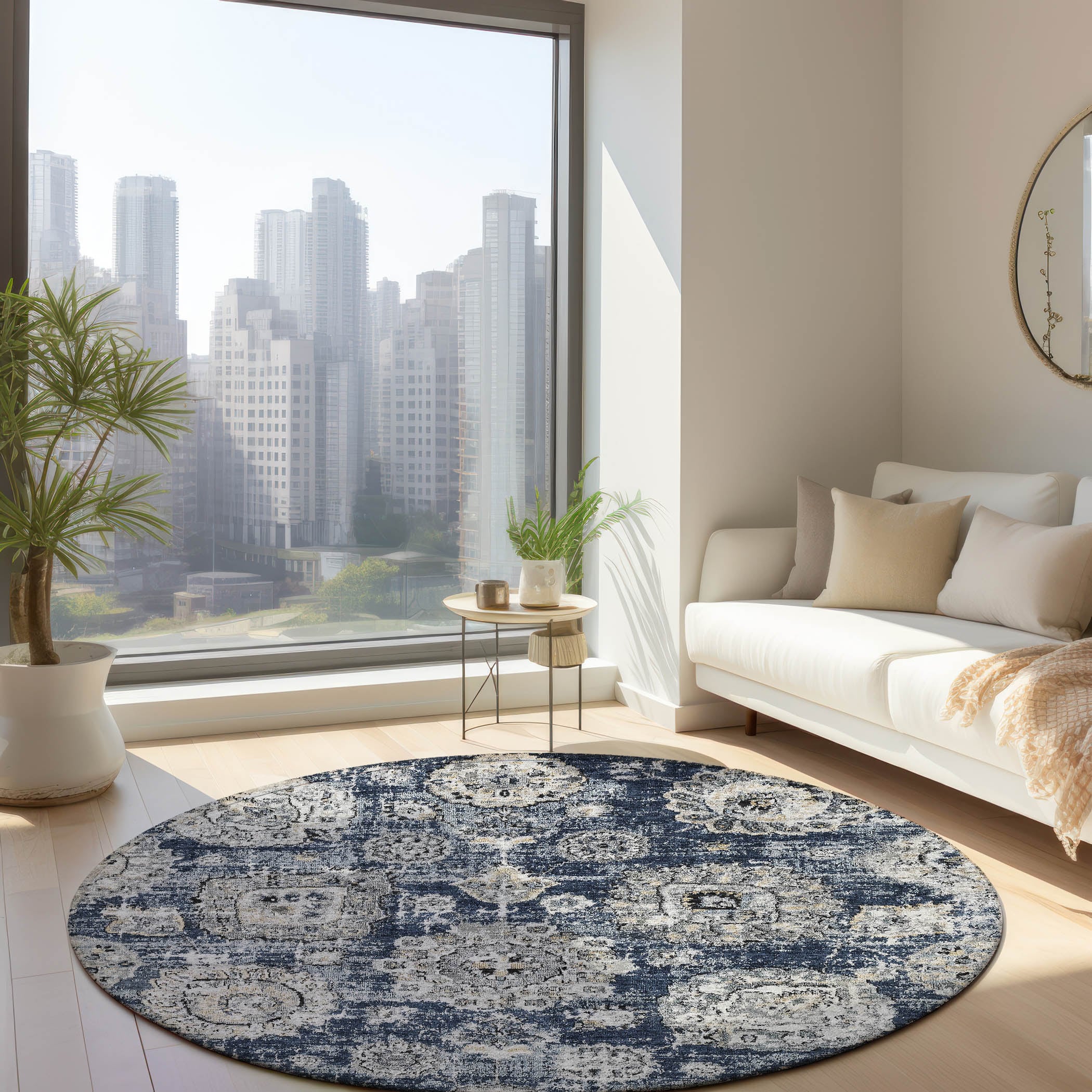 Addison Rugs ACN634NA8RO Chantille ACN634NA 8 x 8 (ft) Polyester Navy Round Indoor/Outdoor Geometric Machine washable Area rug