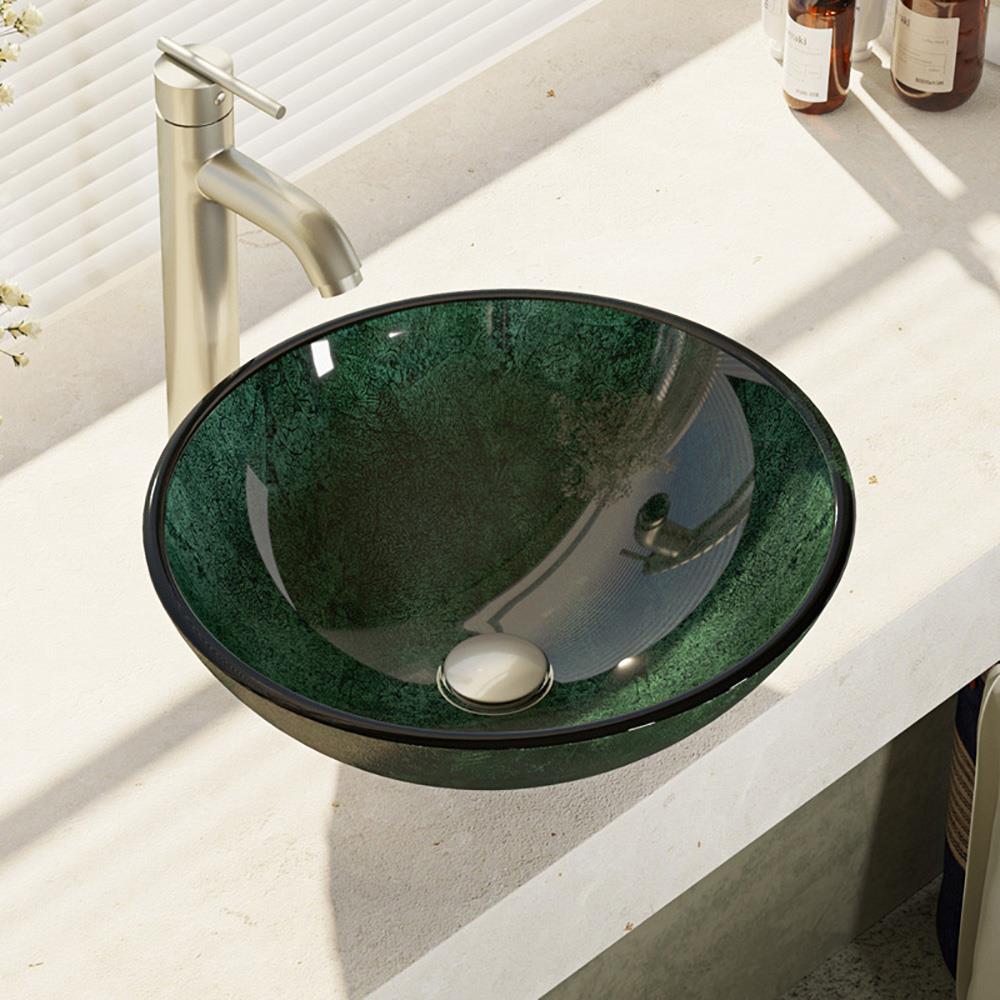 Modern Floral Bathroom Round Sink Basin Tempered Glass Bowl W/Chrome Faucet 