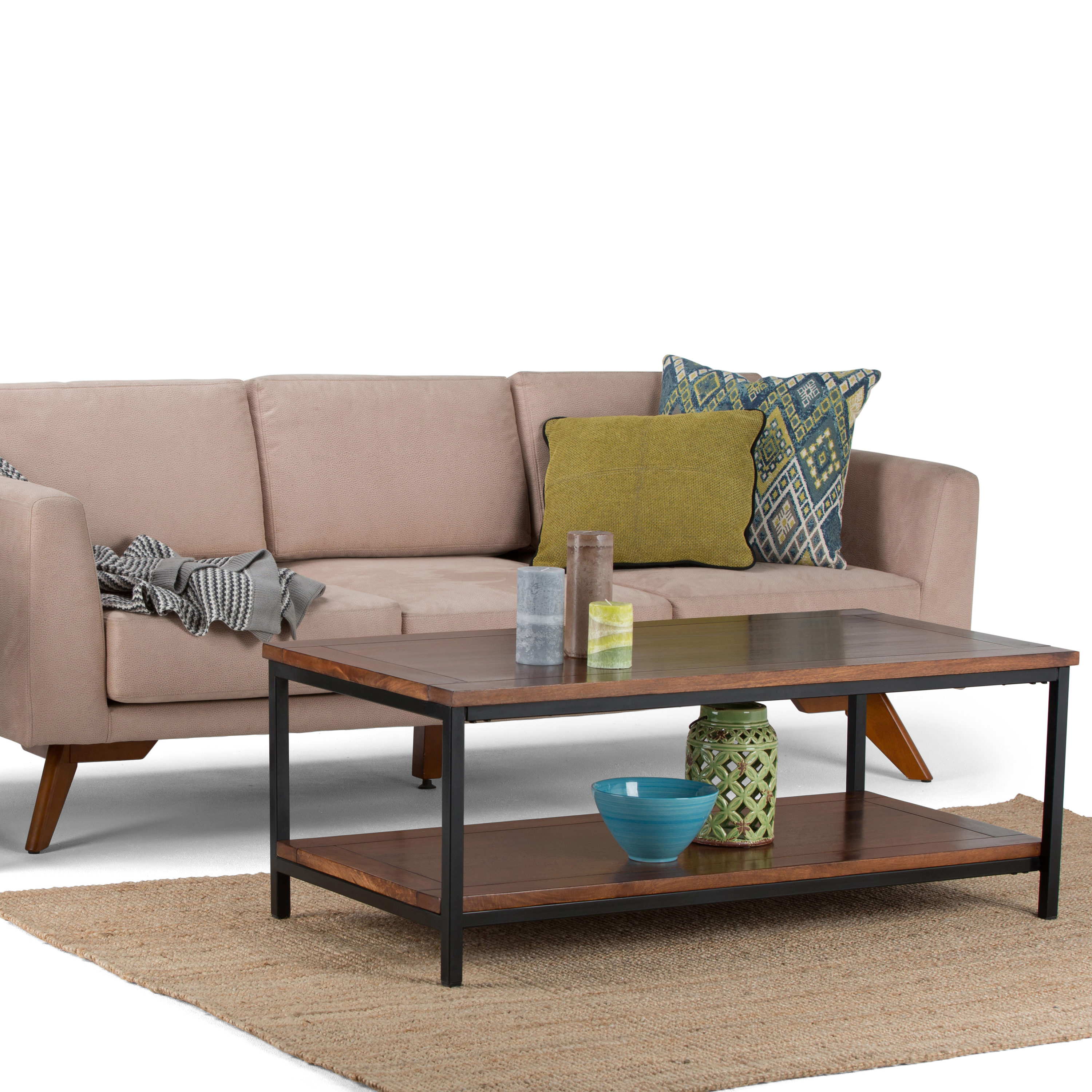 Modern Skyler 48" Black Metal and Mango Wood Coffee Table with Storage