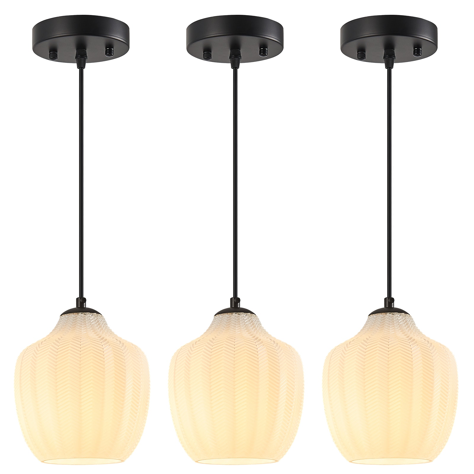 ZHLLMQ Modern 1-Light 3 Pack Barrel Style Matte Black Finish Milky Luster Herringbone Ribbed Textured Glass Oval Shaped Non-Integrated LED 6.29 Inch Kitchen Island Hardwired Mini Pendant Light
