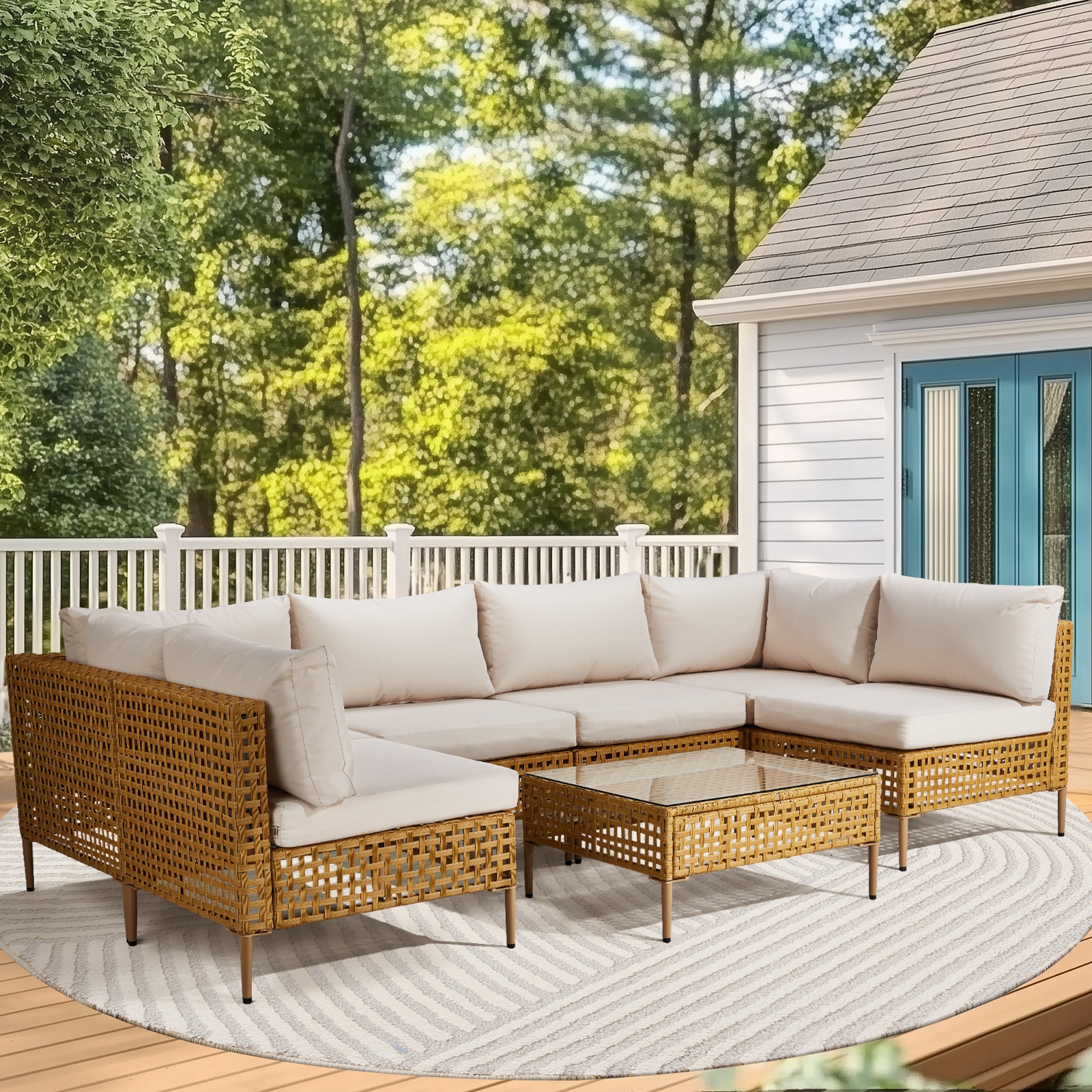 Outopee LO1G56001305+6 Wicker Outdoor Sectional with Beige Cushions and Steel Frame
