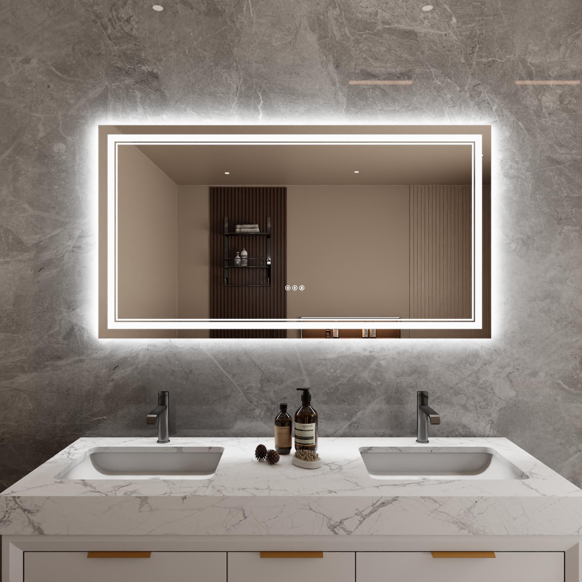Bayfeve BFXB-6S3055-MIR Modern Multifunction LED Bathroom Mirror 55-in x 29.92-in Polished Frameless Rectangle Dimmable LED Lighted Fog Free Bathroom Vanity Mirror ( Silver )