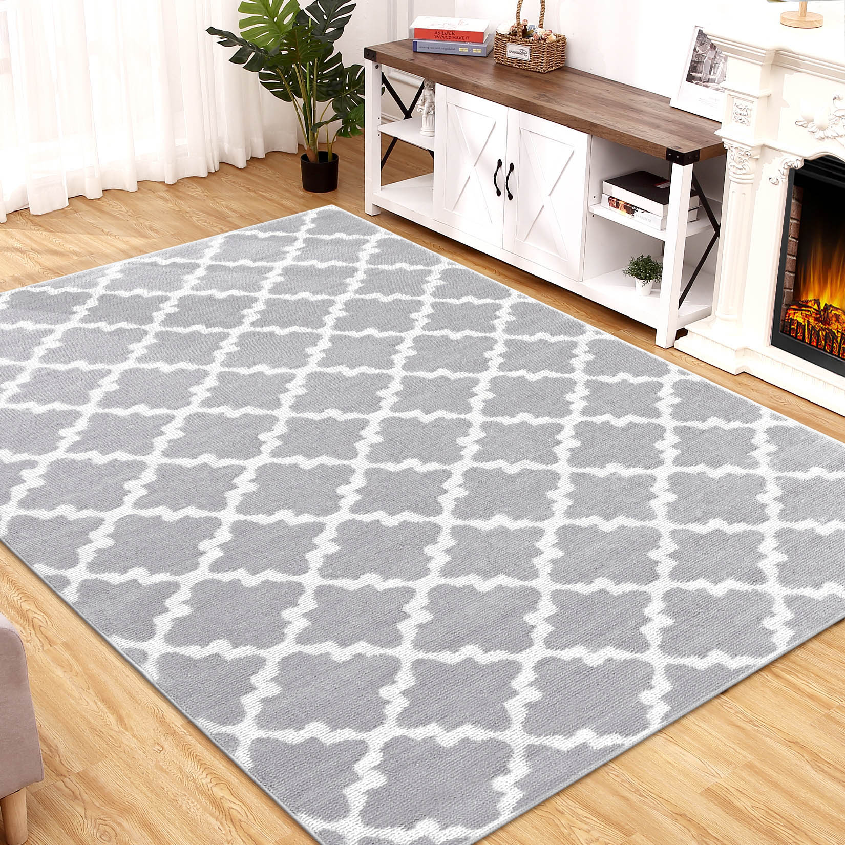 Garvee YXY-LO-PHO-0XUAL50B 9 x 12 (ft) Loomed Polyester Gray Rectangular Indoor Geometric Moroccan Machine washable Area rug