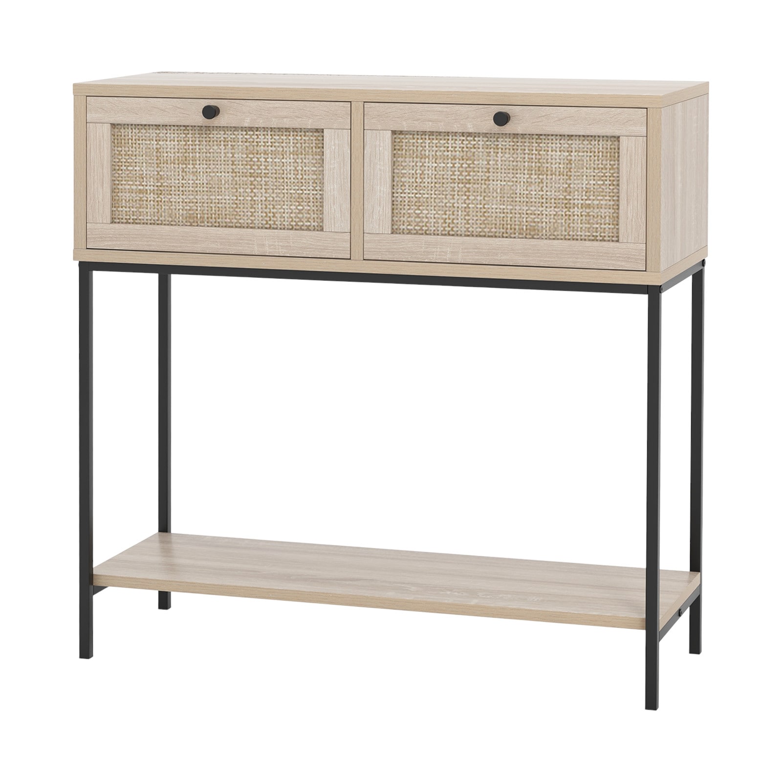Slickblue D-CO-KO71411VJ Boho Console Table - Modern Oak Wood Grain with 2 Rattan Drawers and Shelf – Anti-Tip Metal Legs for Entryway and Living Room