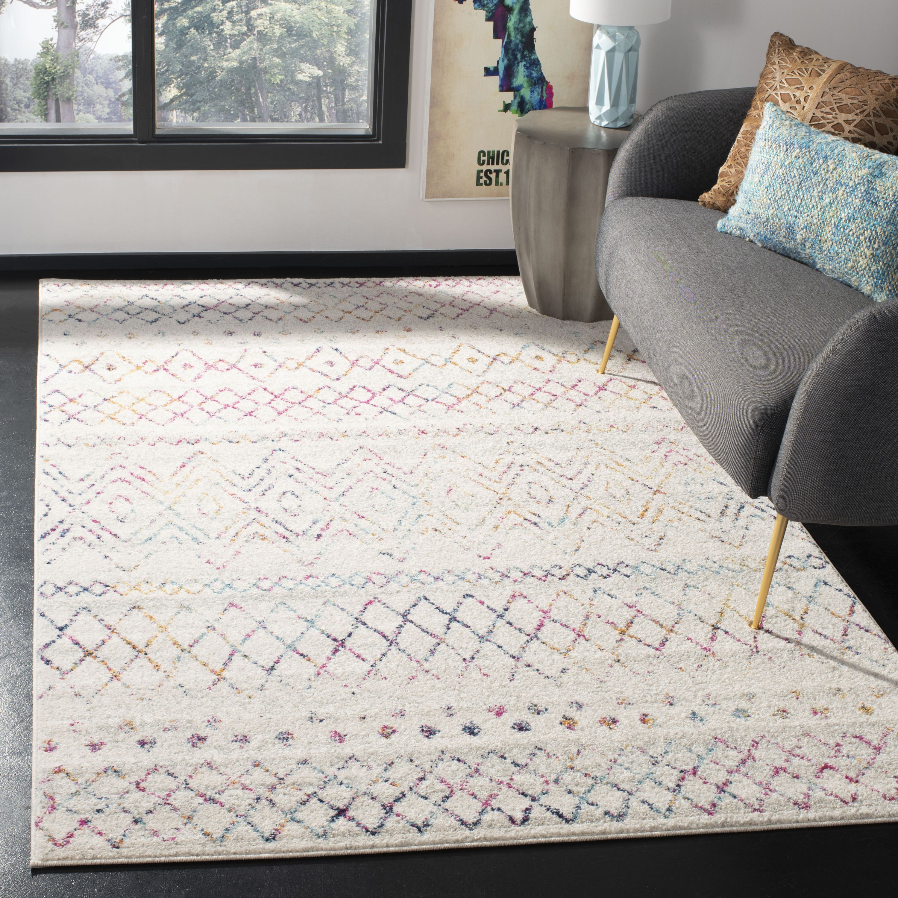 Ivory & Fuchsia Moroccan Boho Distressed 8' x 10' Area Rug