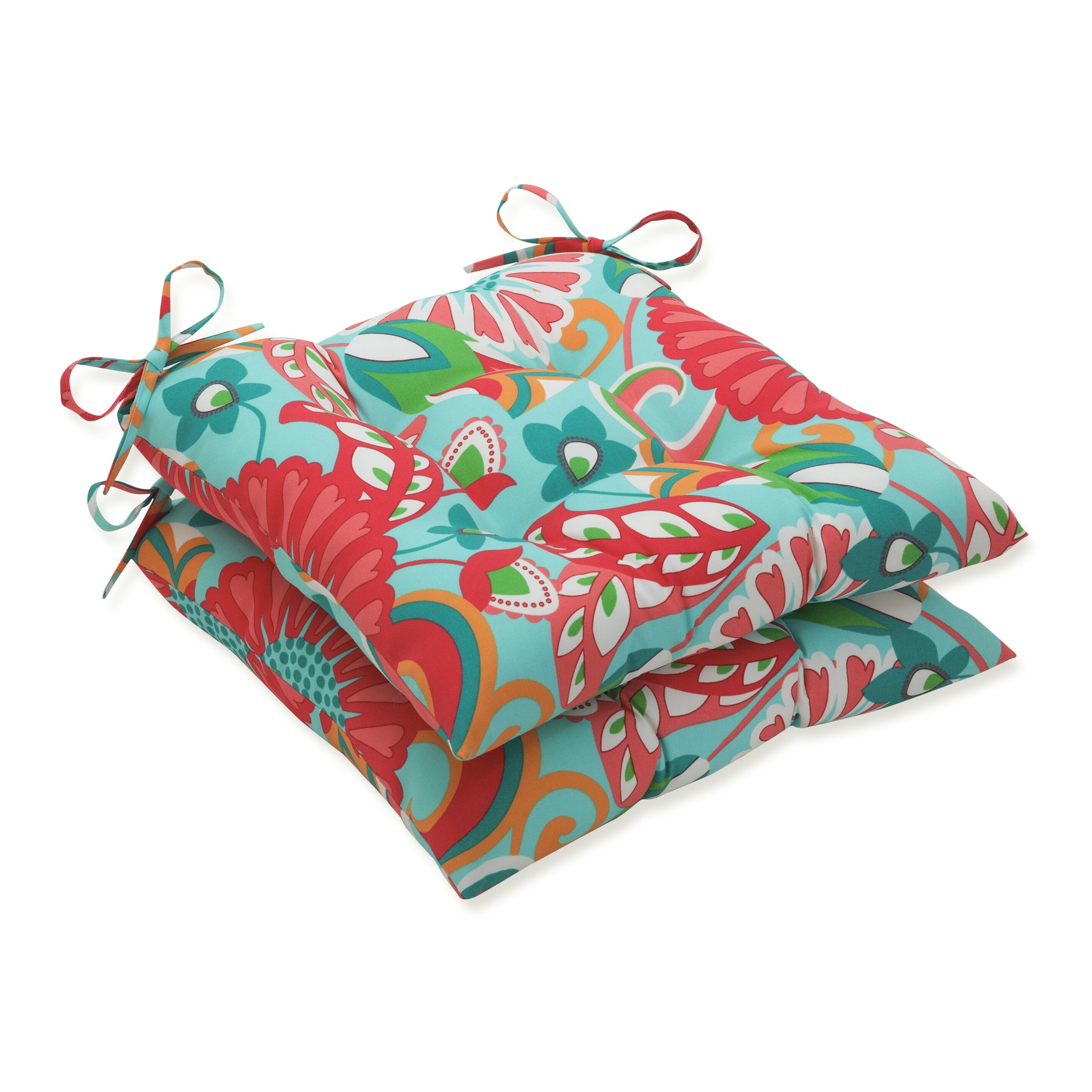 Pillow Perfect 640938 Sophia Turquoise/Coral 19-in x 18.5-in 2 -Piece Green Patio chair cushion