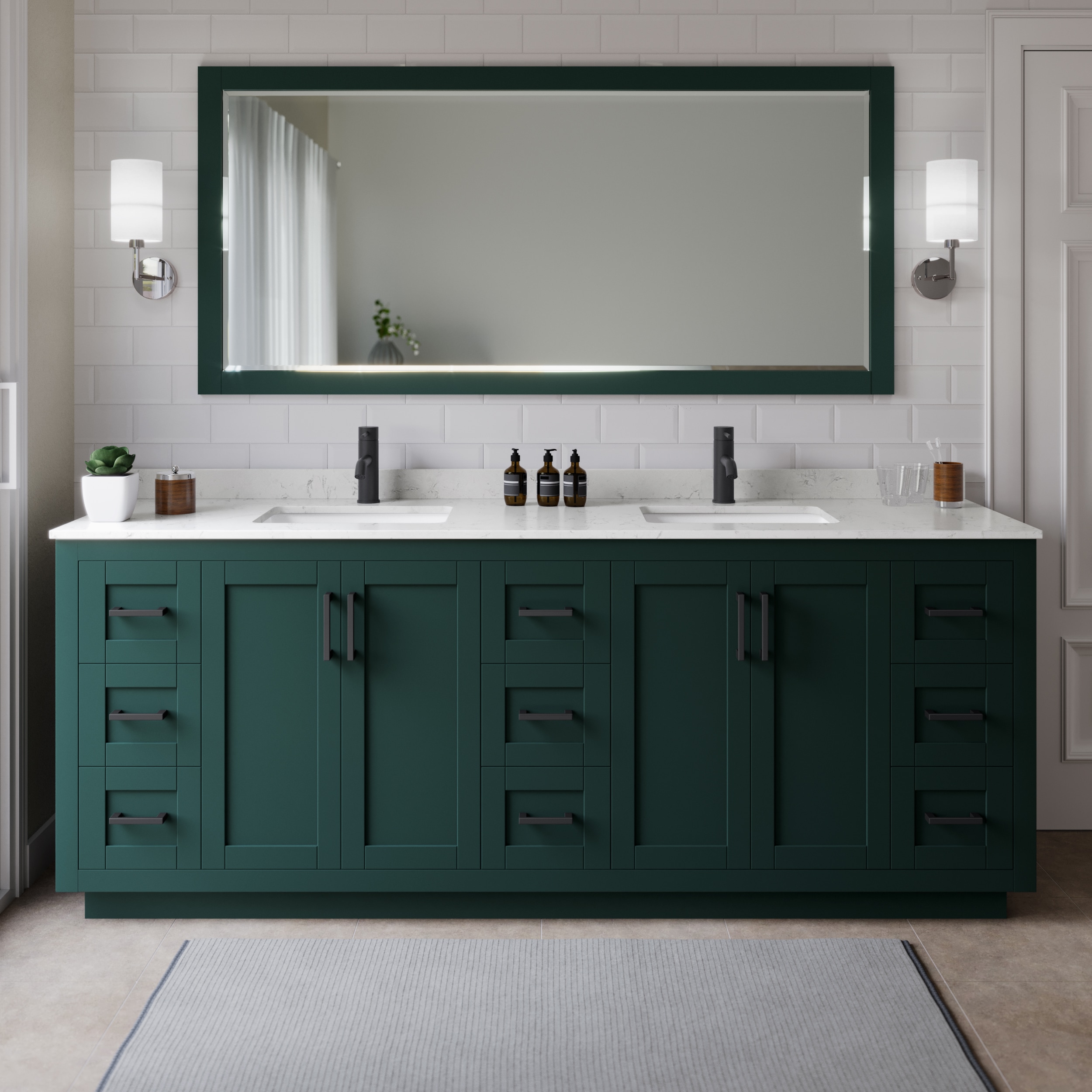 Wyndham Collection WCF292984DGKC2UNSMXX Miranda 84-in Green with Matte Black Trim Undermount Double sink Bathroom Vanity with Carrara Cultured Marble Cultured marble Top