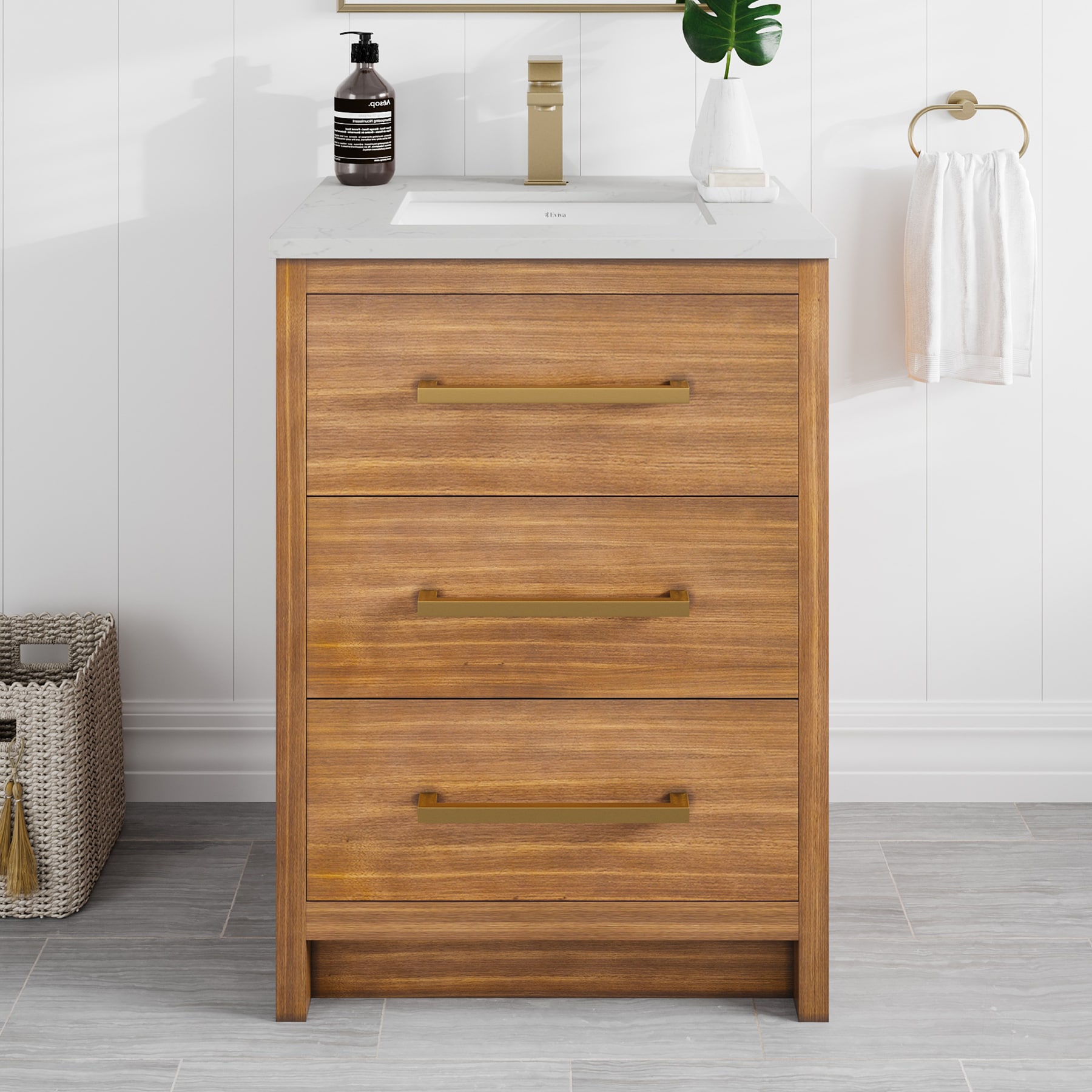 Eviva EVVN812-24X18WN Curio 24-in Walnut Undermount Single Sink Bathroom Vanity with White Quartz Top