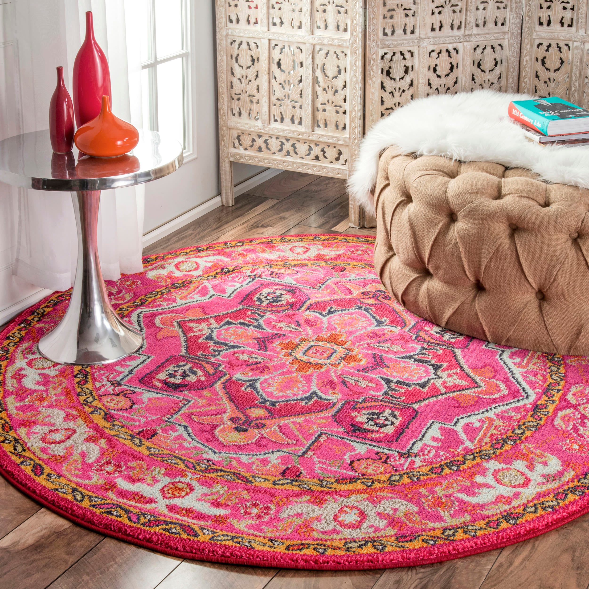 nuLOOM KKCB10A-53053R Mackenzie 5 x 5 (ft) Polypropylene Violet Pink Round Indoor Border Oriental Area rug