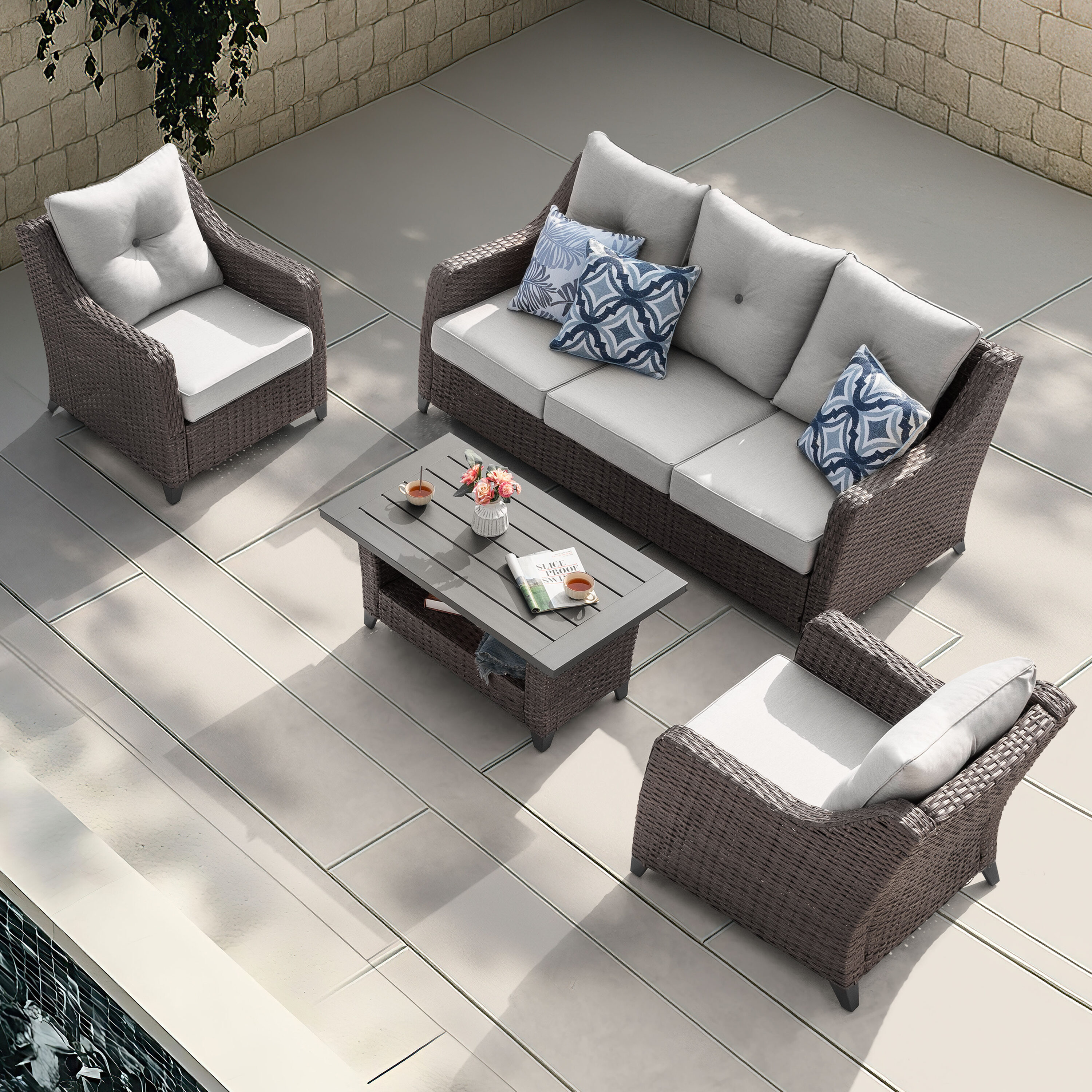 Nuu Garden SWS025-01 4 -Piece Wicker Patio Sofa Conversation Set with Off-white Cushions