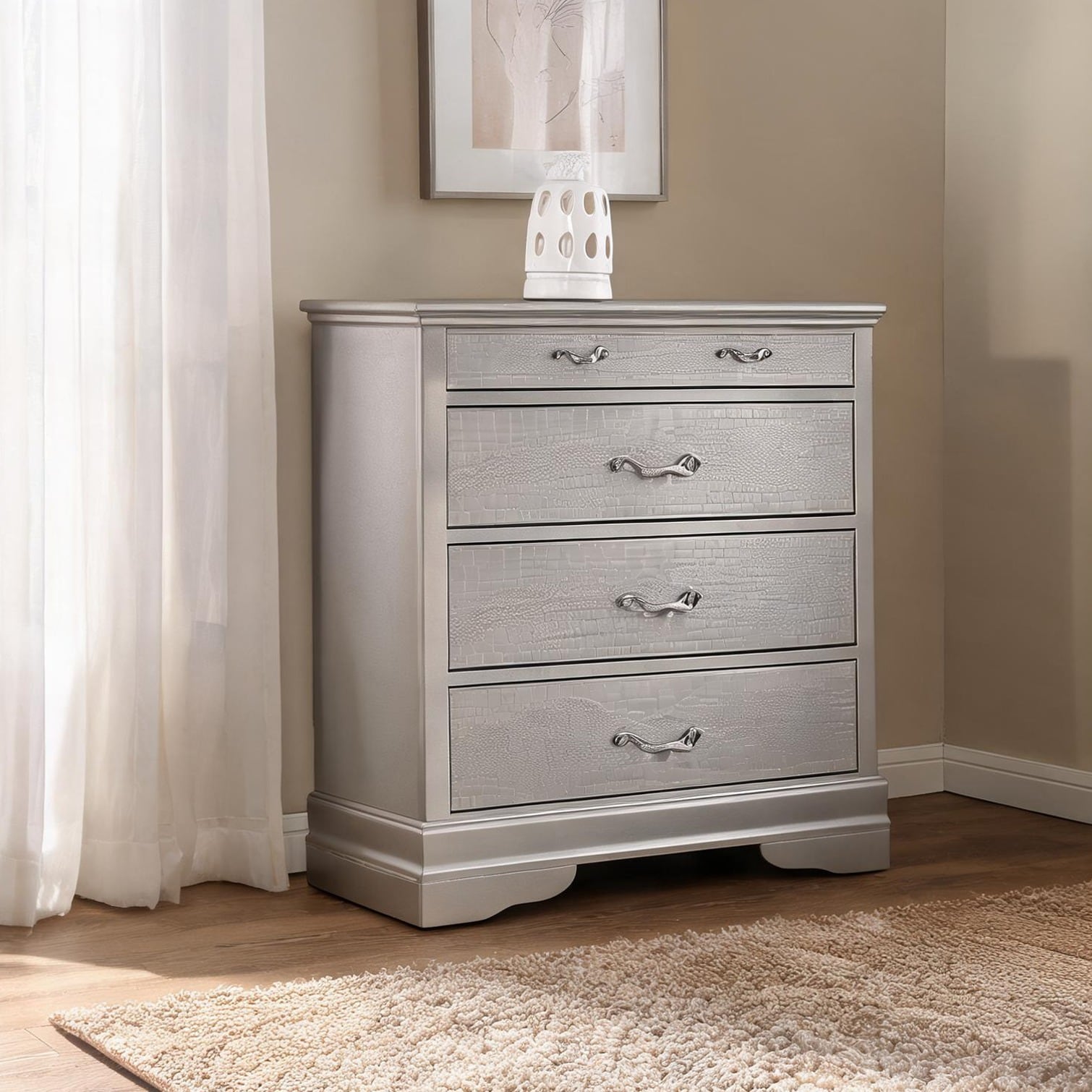 SUNCREAT Silver Champagne Croc Finish 2-Drawer Dresser for Bedroom Clothing Storage Traditional Style
