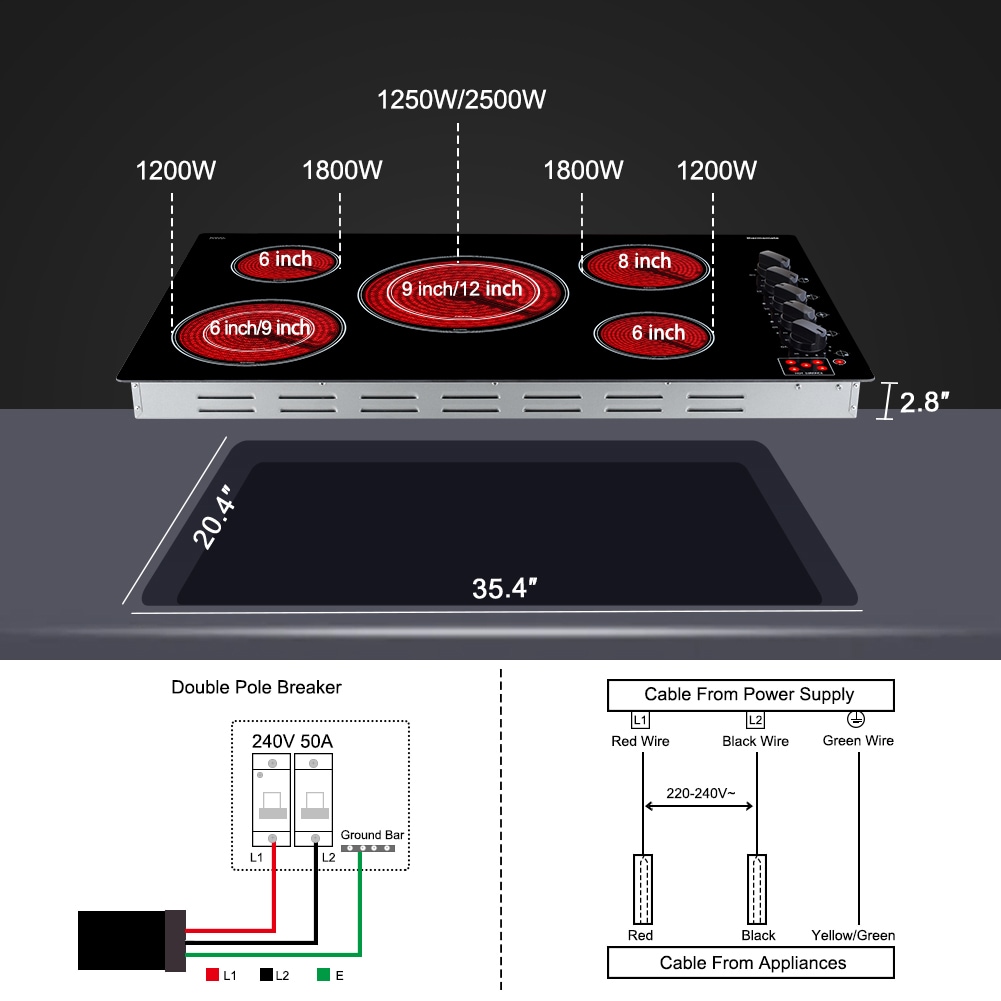 Electric Cooktop, thermomate 36 inch Built-in Radiant Electric Stove Top, 240V Ceramic Electric Stove with 5 Burners, 9 Heating Level, Timer & Kid