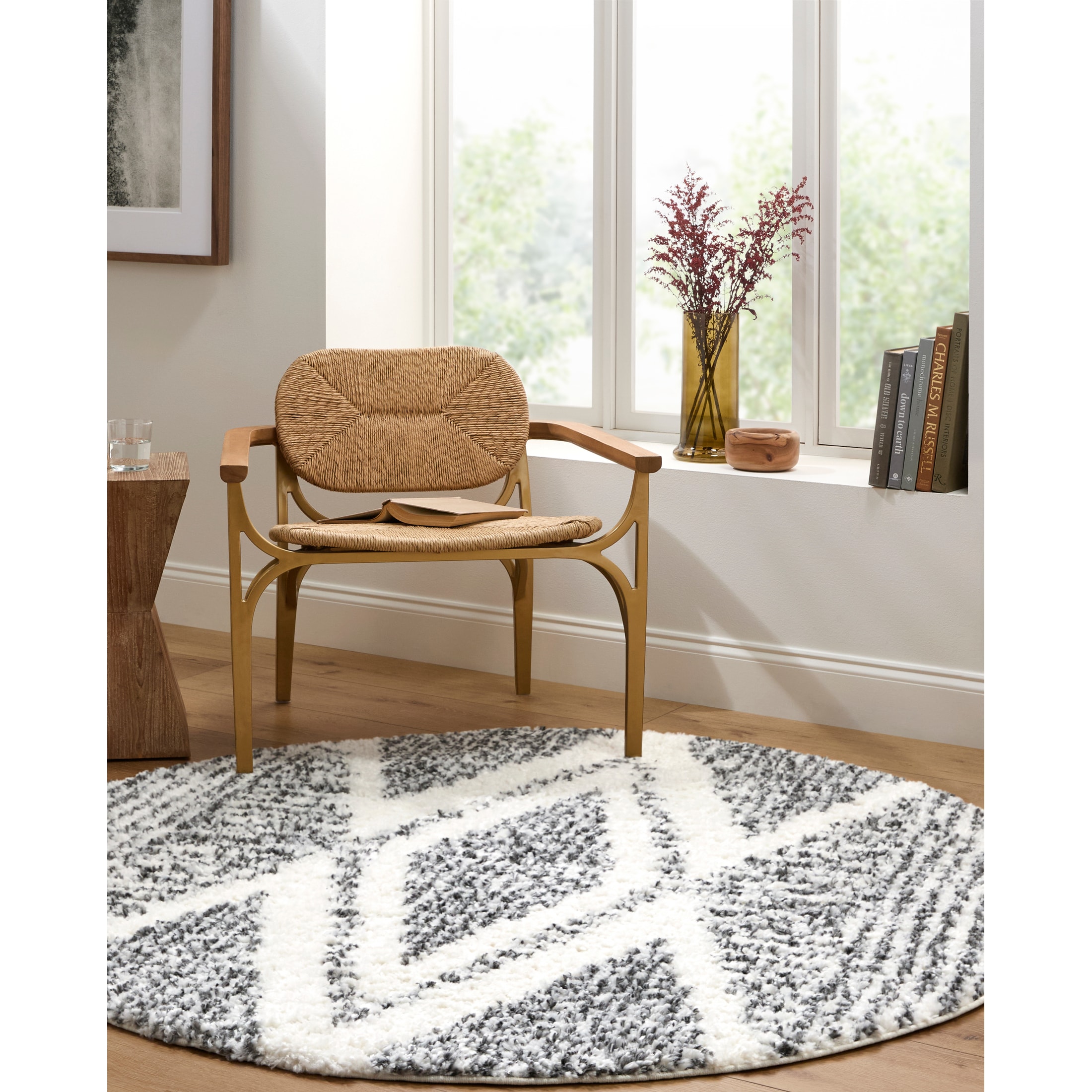 Livabliss DXS2309-710RD Deluxe Shag 8 x 8 (ft) Polypropylene Charcoal Round Indoor Medallion Global Area rug