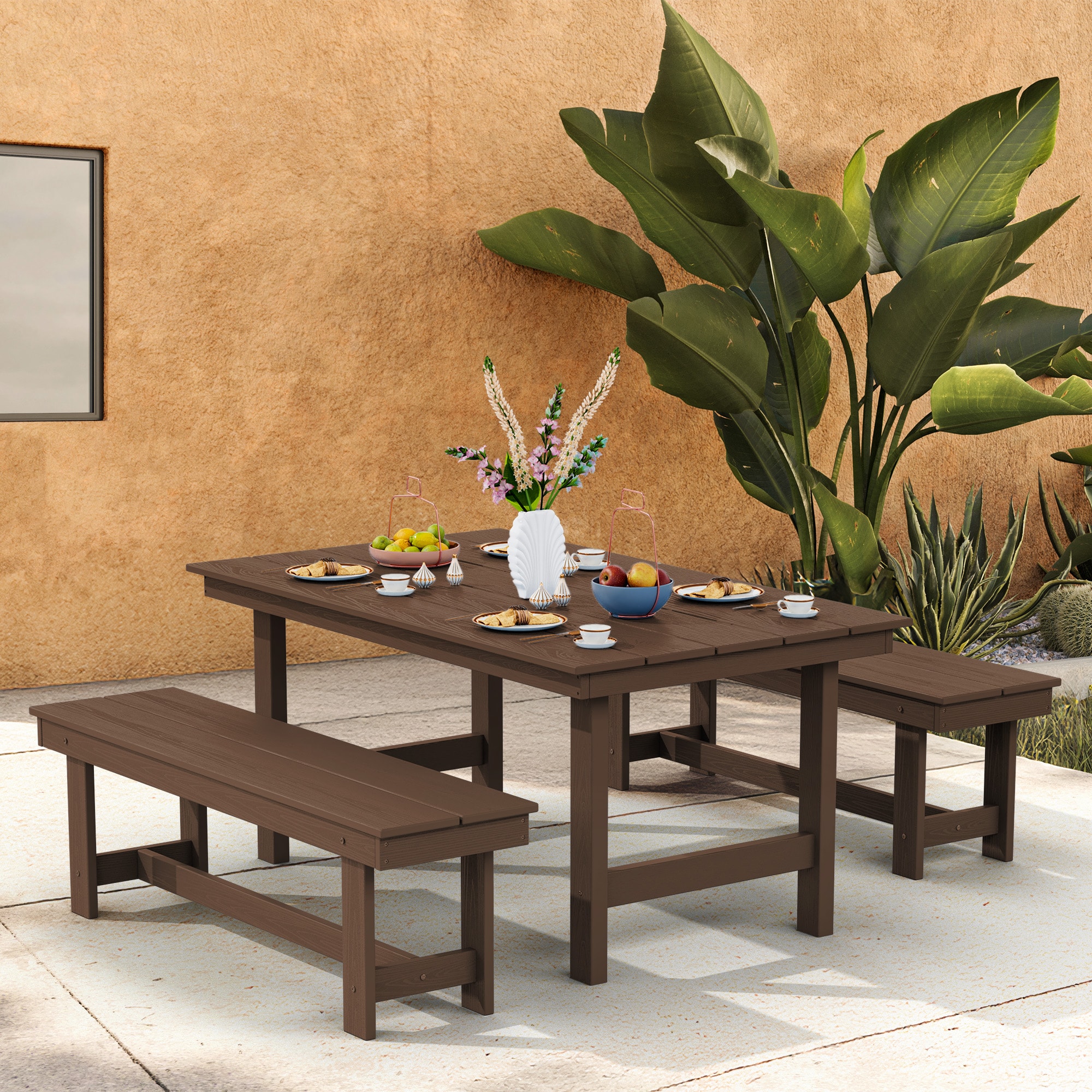 JEAREY PECZD3JT-BN 3-Piece HDPE Outdoor Dining Set with Umbrella Hole Table and Two 2-Person Benches 3 -Piece Brown Patio Dining Set Plastic Rectangle Table with 2 Stationary Chairs