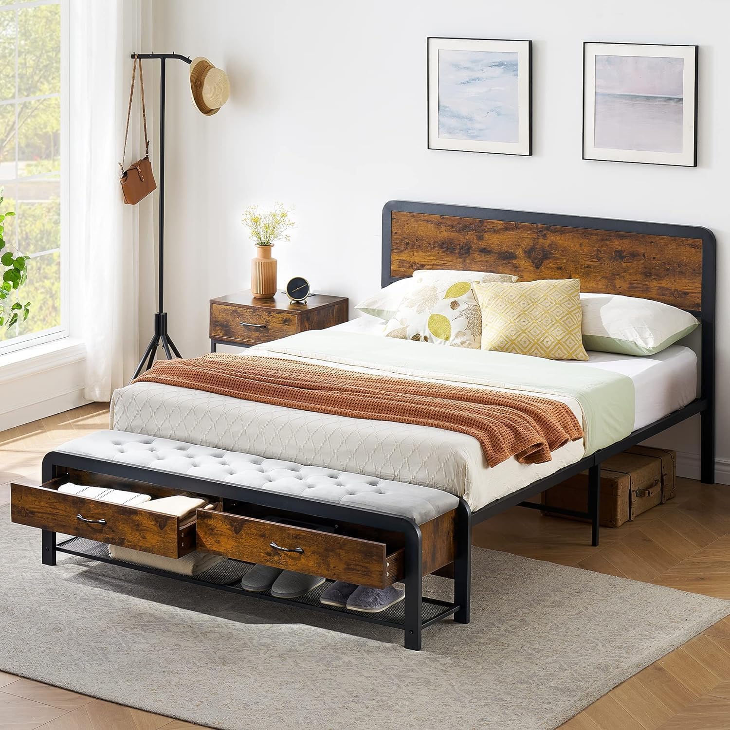Qeetex PD-PHO-0X77D8D3 Full Bed Frame With Ottoman Storage-2 Drawers-Headboard-Rounded Edges-No Box Spring Needed-Comfort Platform