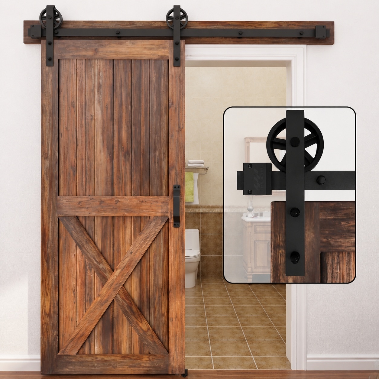 ITOPFOX  5 16FT Single Wood Sliding Barn Door Hardware Basic Black Big Spoke Wheel Roller Kit Garage Closet Carbon Steel Flat Track System 10FT