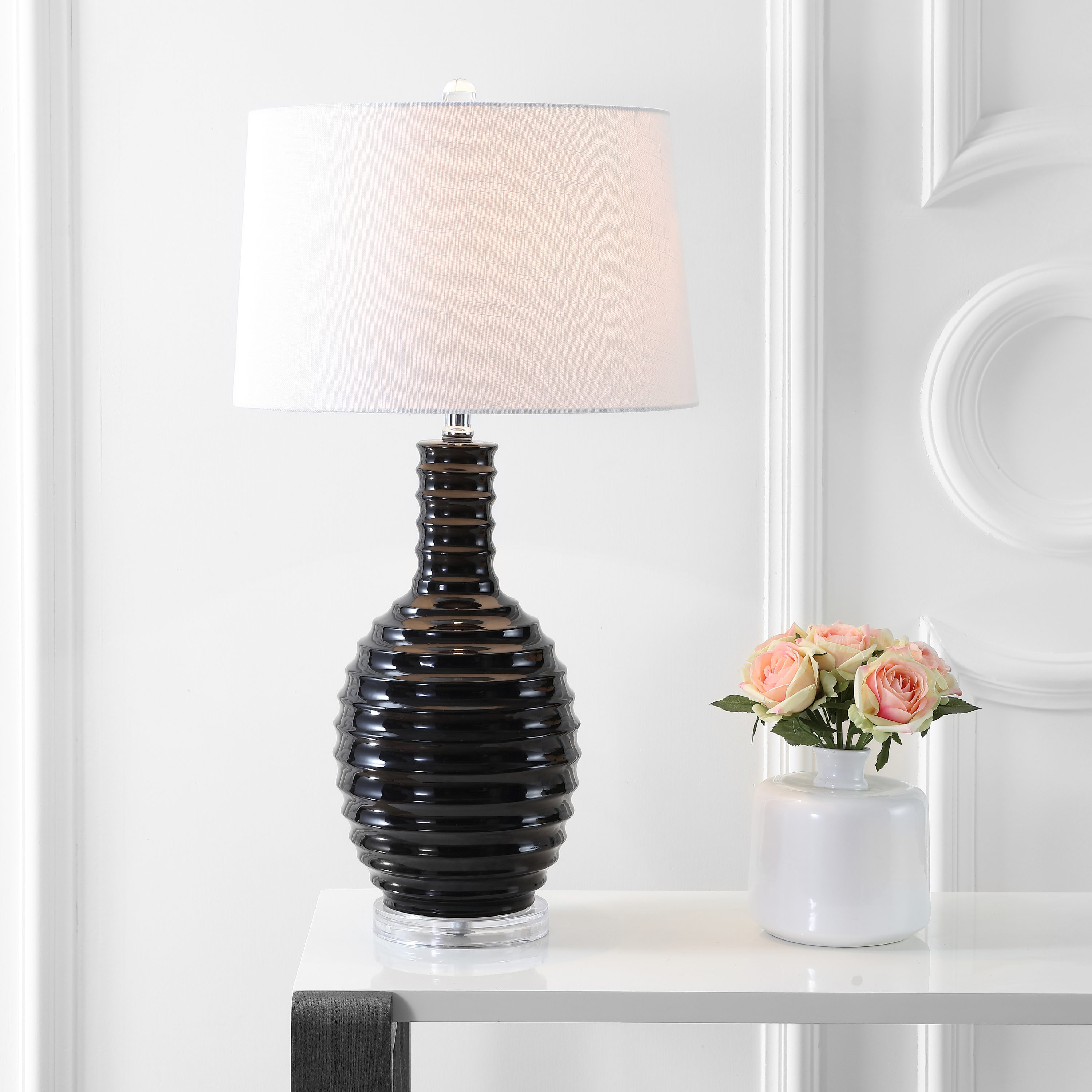 JONATHAN  Y JYL8020B Dylan Ceramic Transitional 29.5-in Black LED Incandescent Rotary socket Table Lamp with Linen Shade