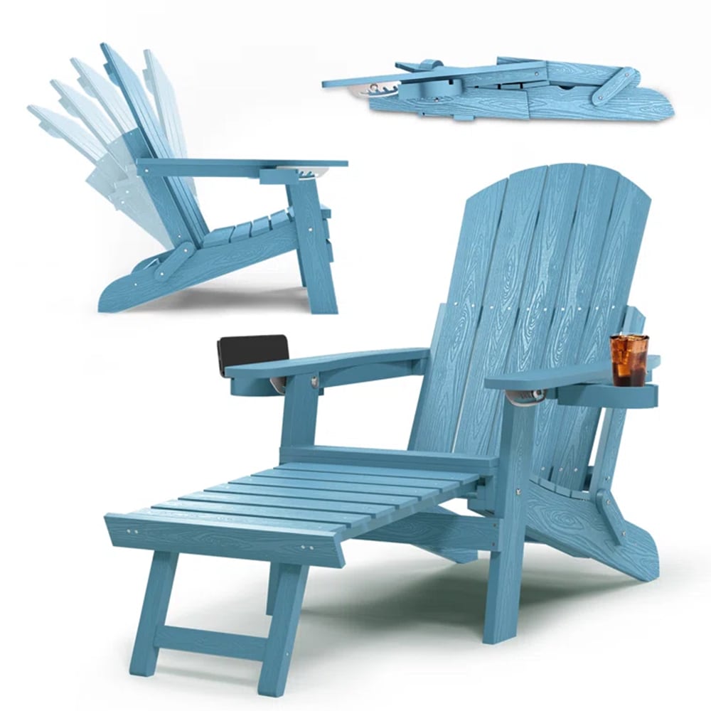 WINSOON COT003 Blue Adirondack Chair with Retractable Ottoman Blue Plastic Frame Stationary Adirondack Chair with Blue Slat Seat