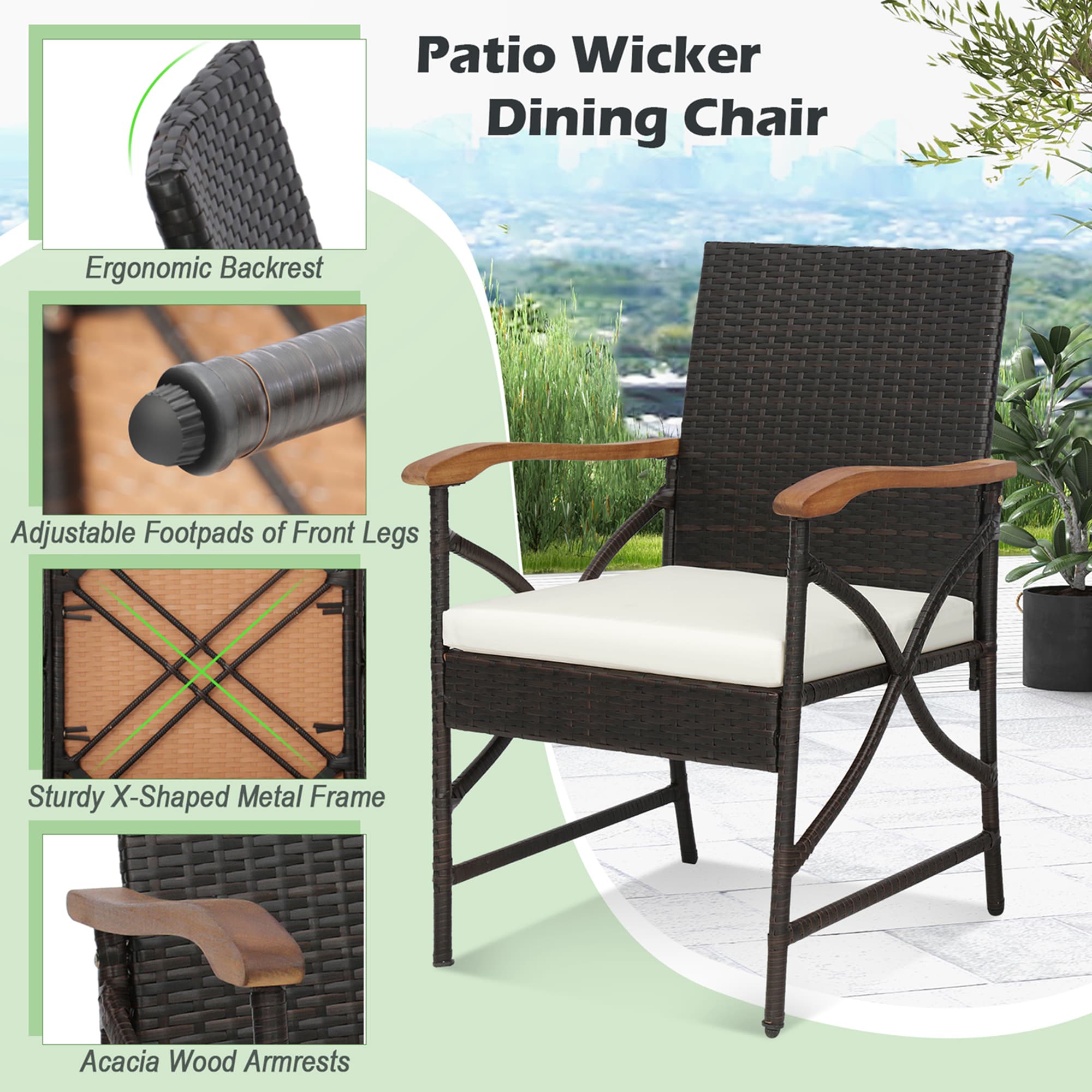 Costway 4 Wicker Brown Metal Frame Stationary Dining Chair with White ...