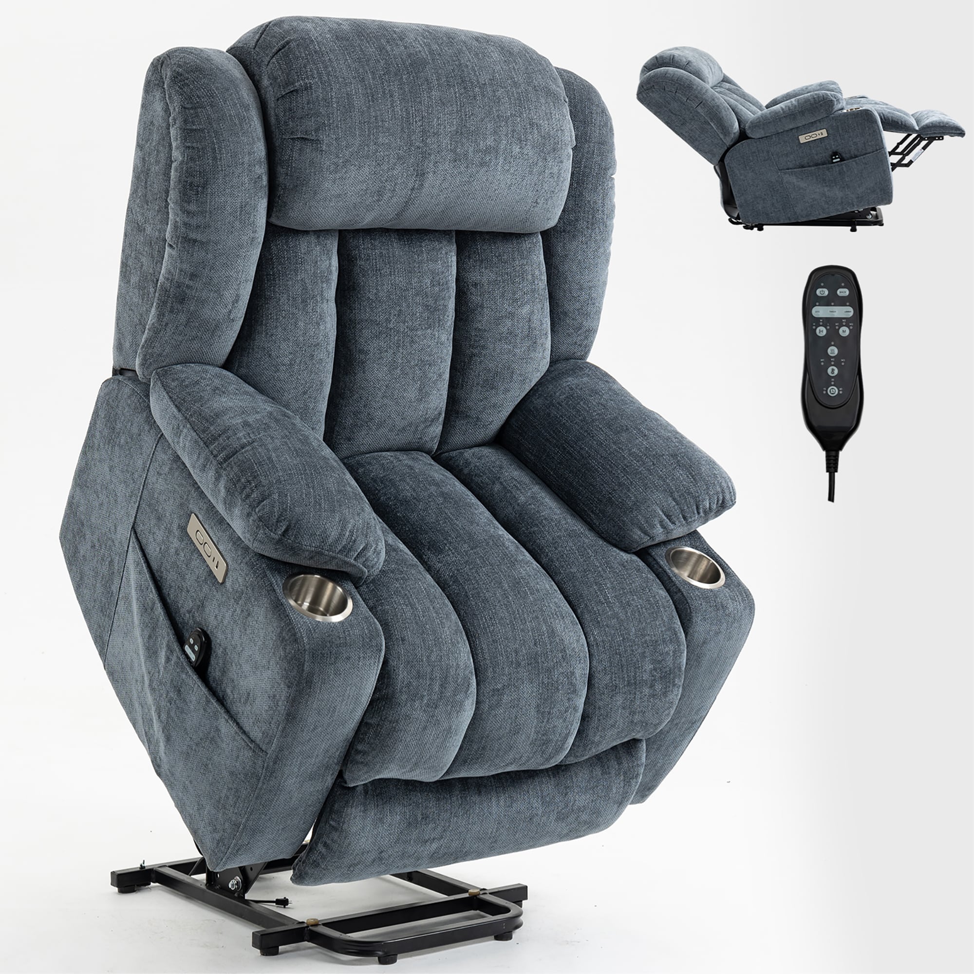 Sumyeg DSG-W49022366 Up to 350 LBS Chenille Power Lift Recliner Chair Blue Chenille Upholstered Powered Reclining Massage chair with Lift Assistance