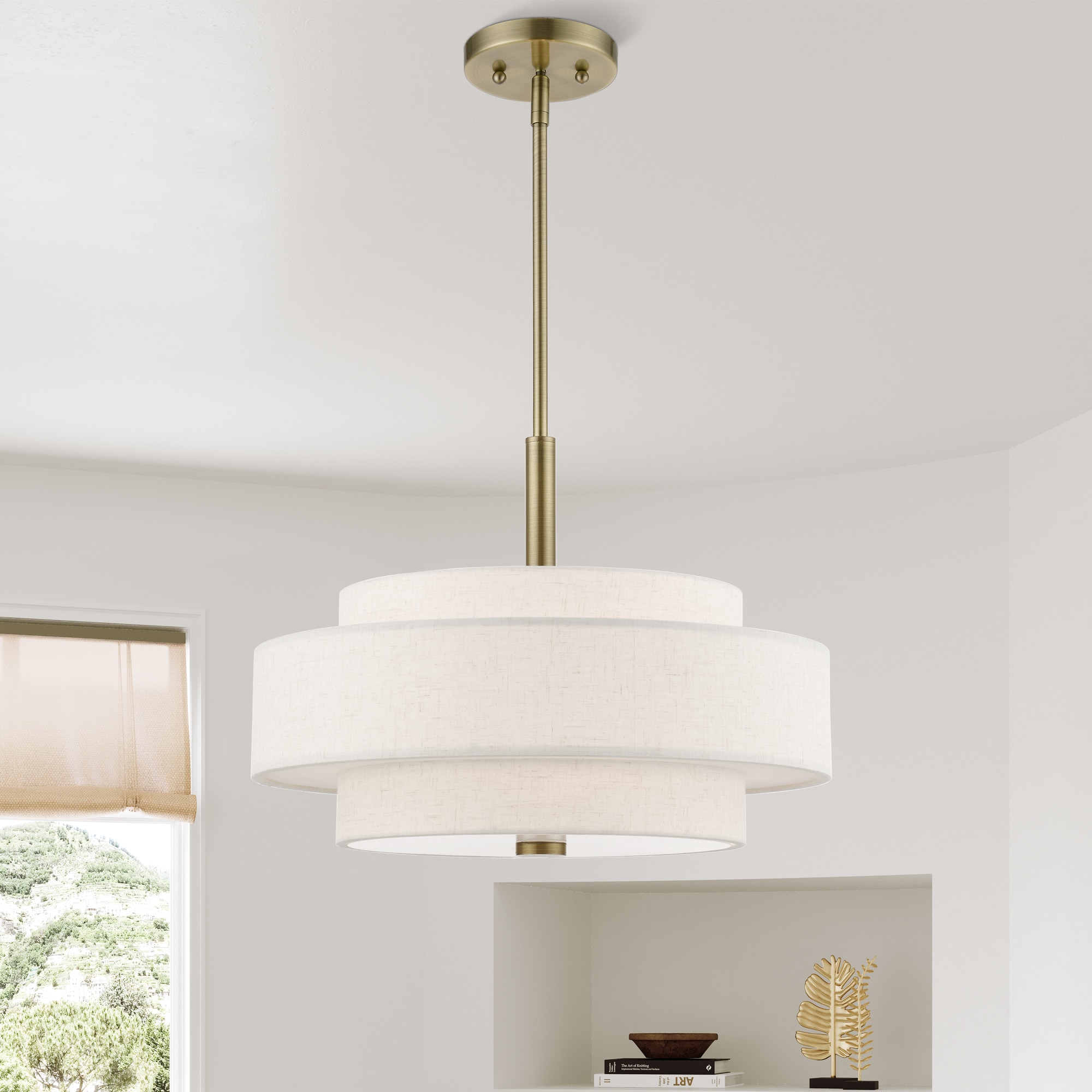 Mini Monroe Antique Brass 4-Light Drum Pendant with Oatmeal Shade