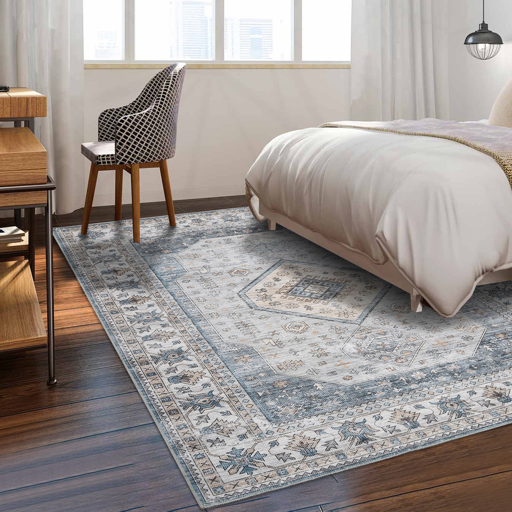 Garvee YXY-LO-PHO-0YG3XRQ4 8 x 10 (ft) Loomed Polyester Blue Rectangular Indoor Floral/Botanical Persian Machine washable Area rug