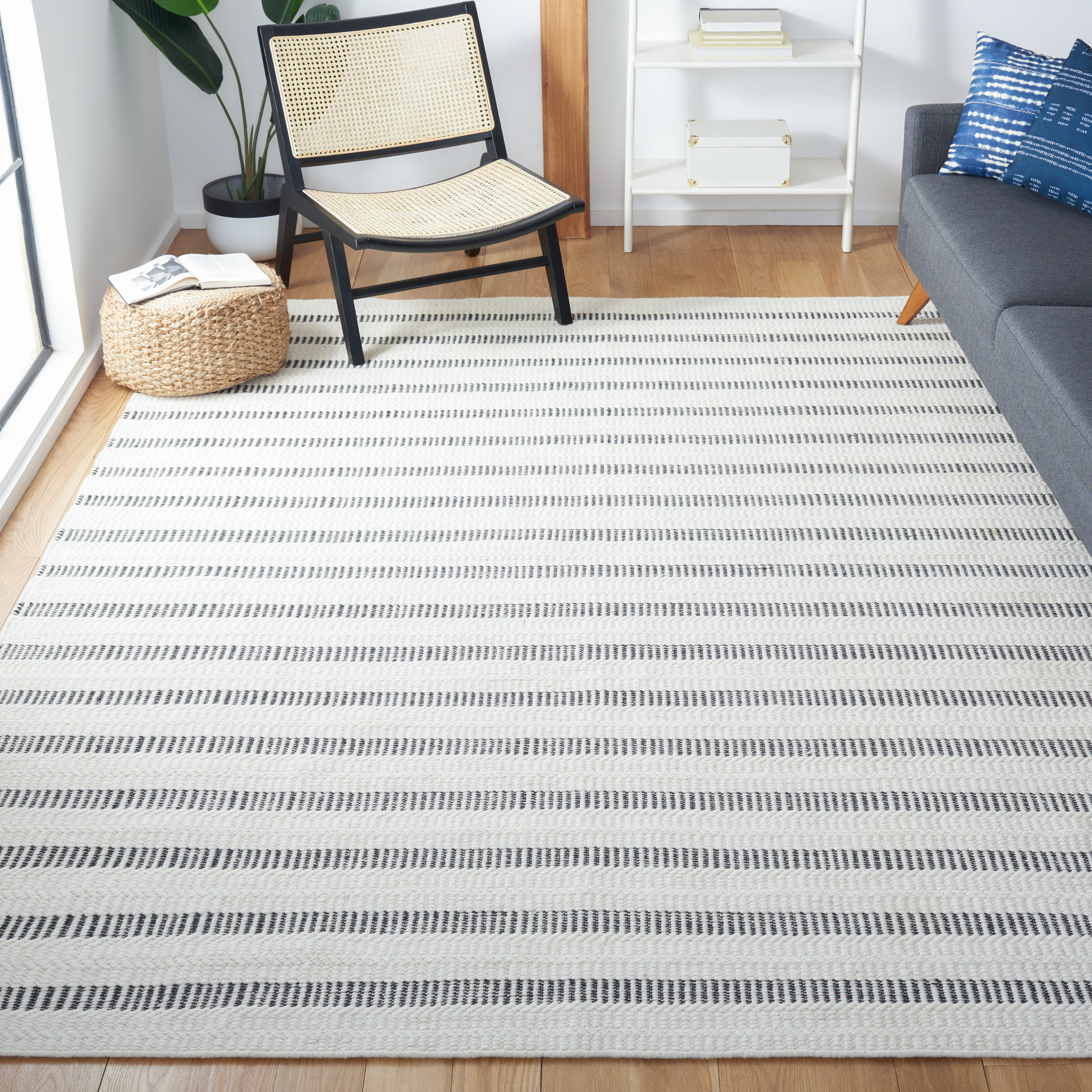 Black and Ivory Striped Wool 9' x 12' Handmade Rug
