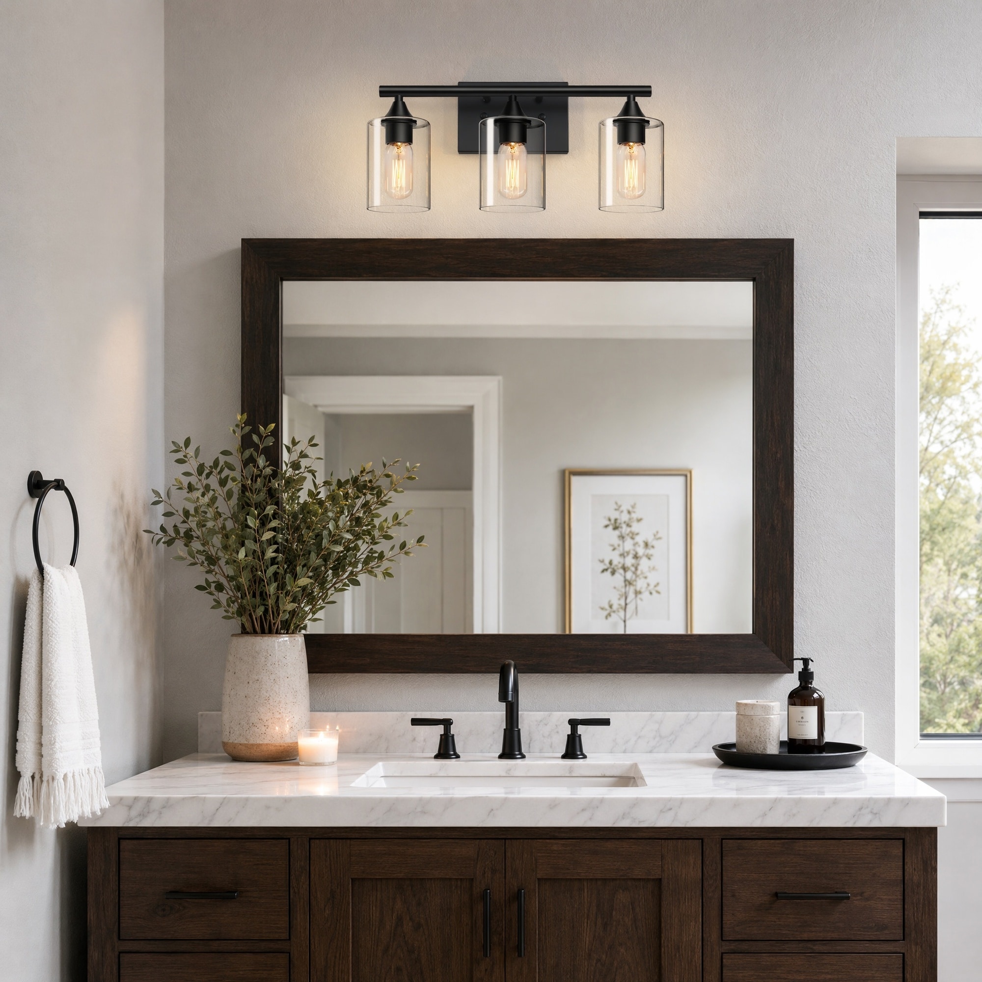 Vorene 3-Light Bathroom Vanity Light Clear Glass Shade Reversible for Bathroom Mirror Black