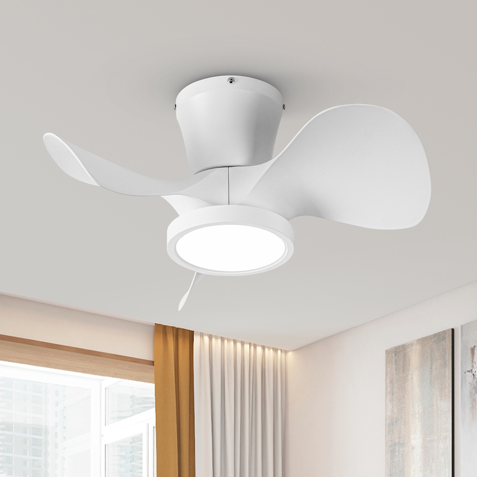ocioc OC22-WE-3X-F0 FONE 22-in Integrated LED Flush Mount Matte White with Frosted White Blades Ceiling Fan With Light and Remote ( 3 -Blade )