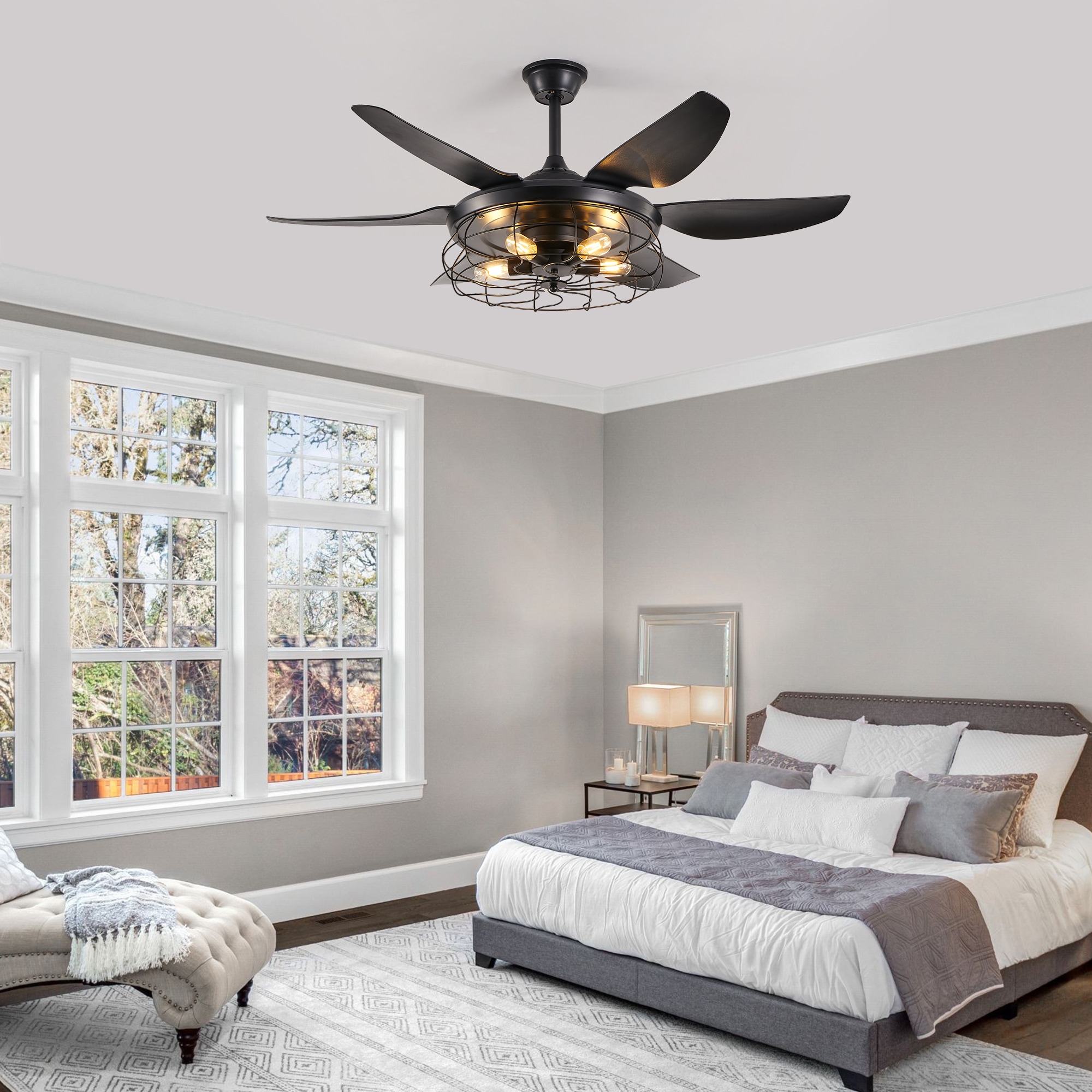LUCKY ONE 52 Inch Black Ceiling Mounted Modern Industrial Ceiling Fan Light Kit and Remote Control Included 6 Blade