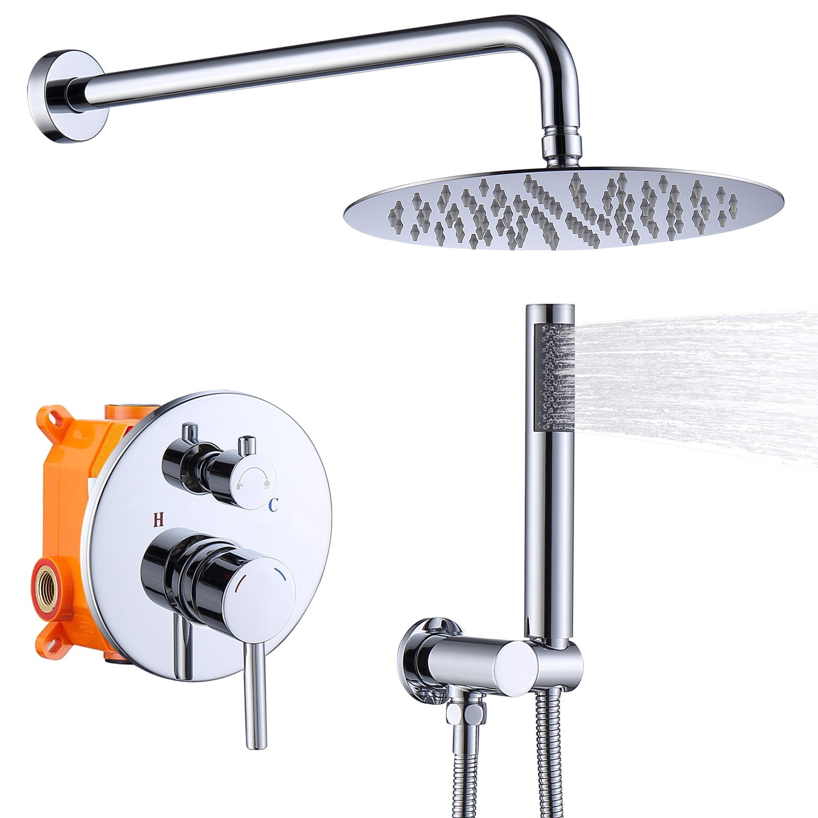 AAZJ LG-120179 Shower System Chrome 10-in Waterfall Dual Head Shower Faucet Bar System with 2-way Diverter ( Ceramic Disc Valve Included )
