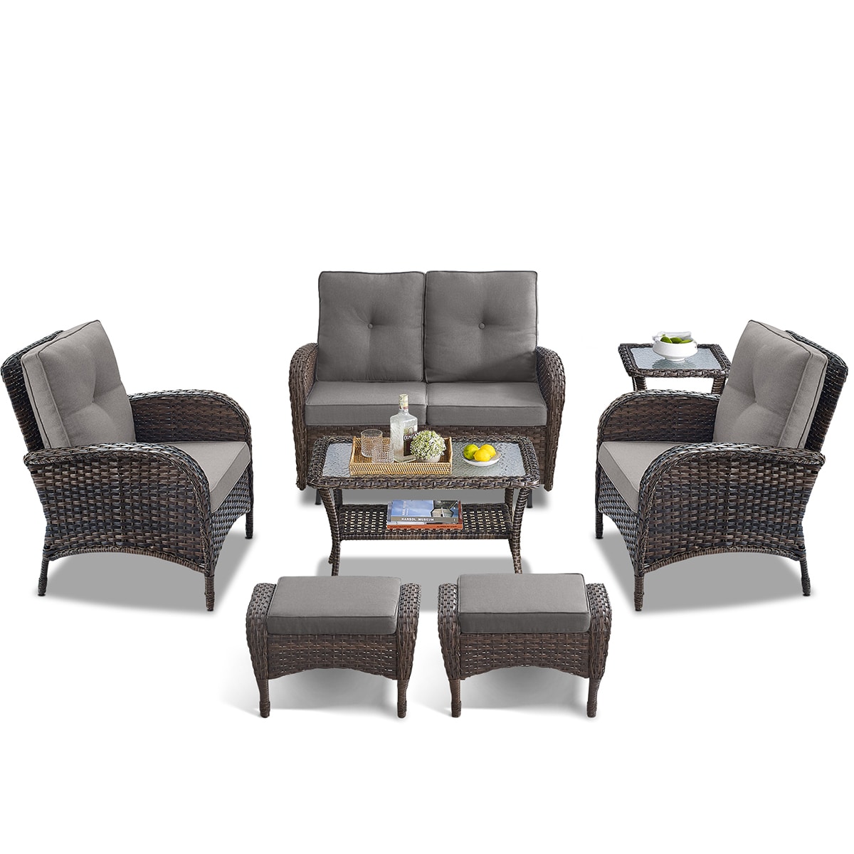 Rilyson FS088116087R60-3 7 -Piece Wicker Patio Conversation Set with Gray Cushions