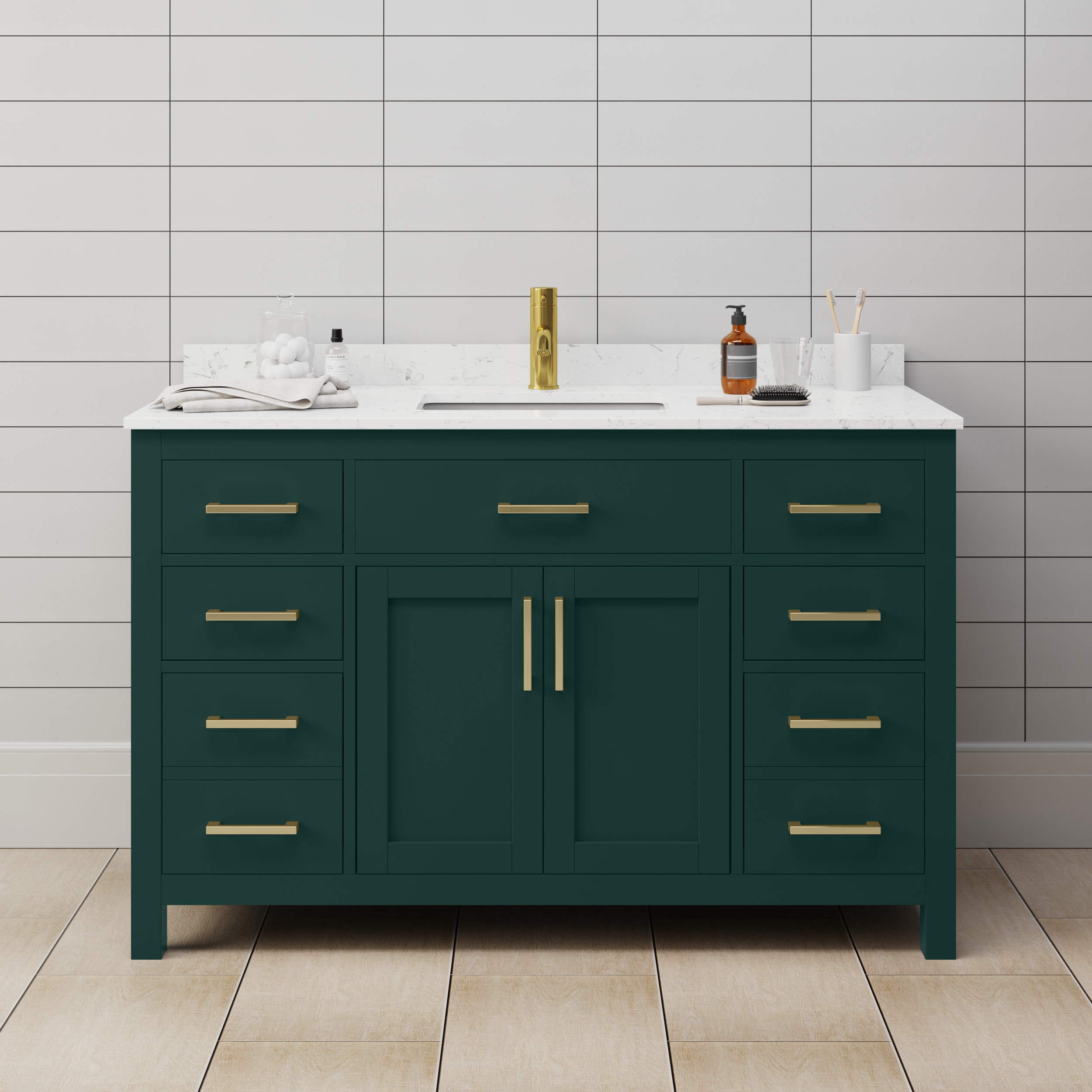 Wyndham Collection WCG242454SGDCCUNSMXX Beckett 54-in Green with Brushed Gold Trim Undermount Single sink Bathroom Vanity with Carrara Cultured Marble Cultured marble Top