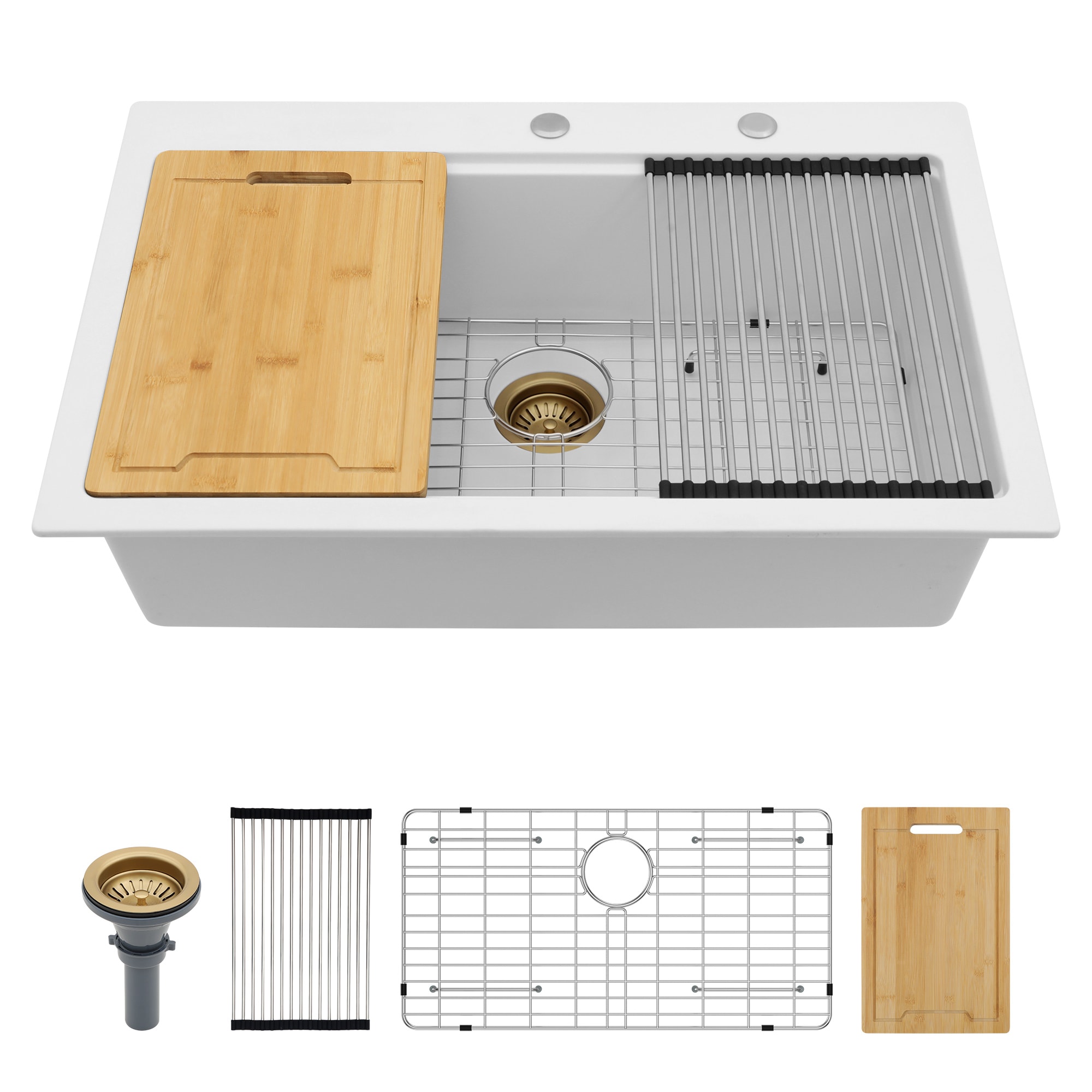 KICHAE Drop-in 33-in x 22-in Quartz Single Bowl Workstation Kitchen Sink in White