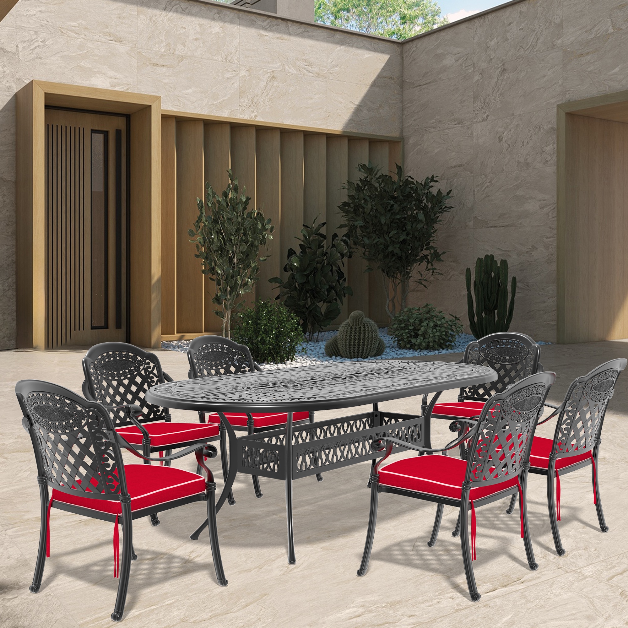 nicesure SLBK6008CZ6A1120RC 7 -Piece Black Patio Dining Set Aluminum Oval Table with 6 Cushions Stackable Stationary Chairs