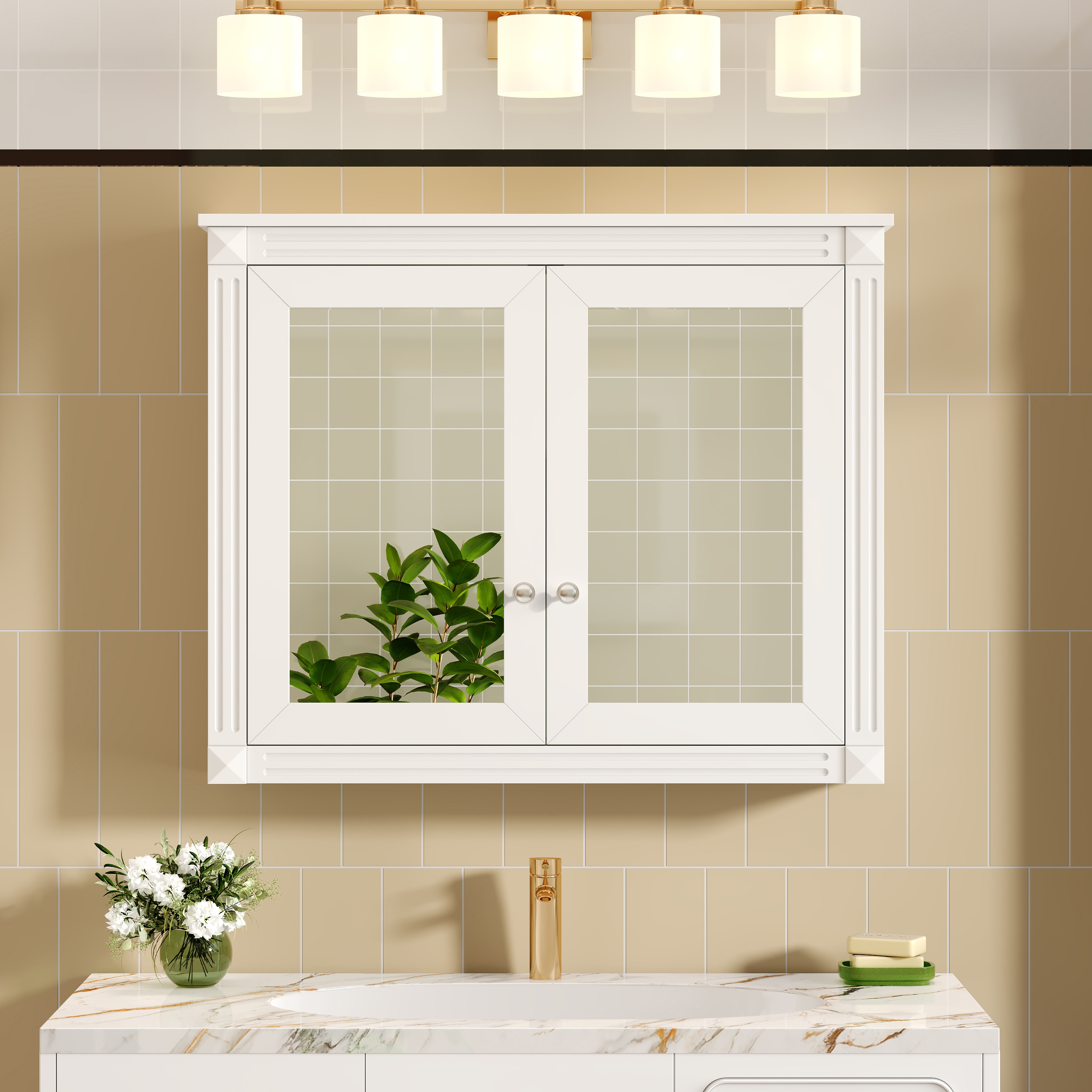 KTMBDW Bathroom Wall Cabinet with Mirror - Medicine Cabinets with Adjustable Shelf and 2 Doors - White Mirrored Door Over the Toilet Storage