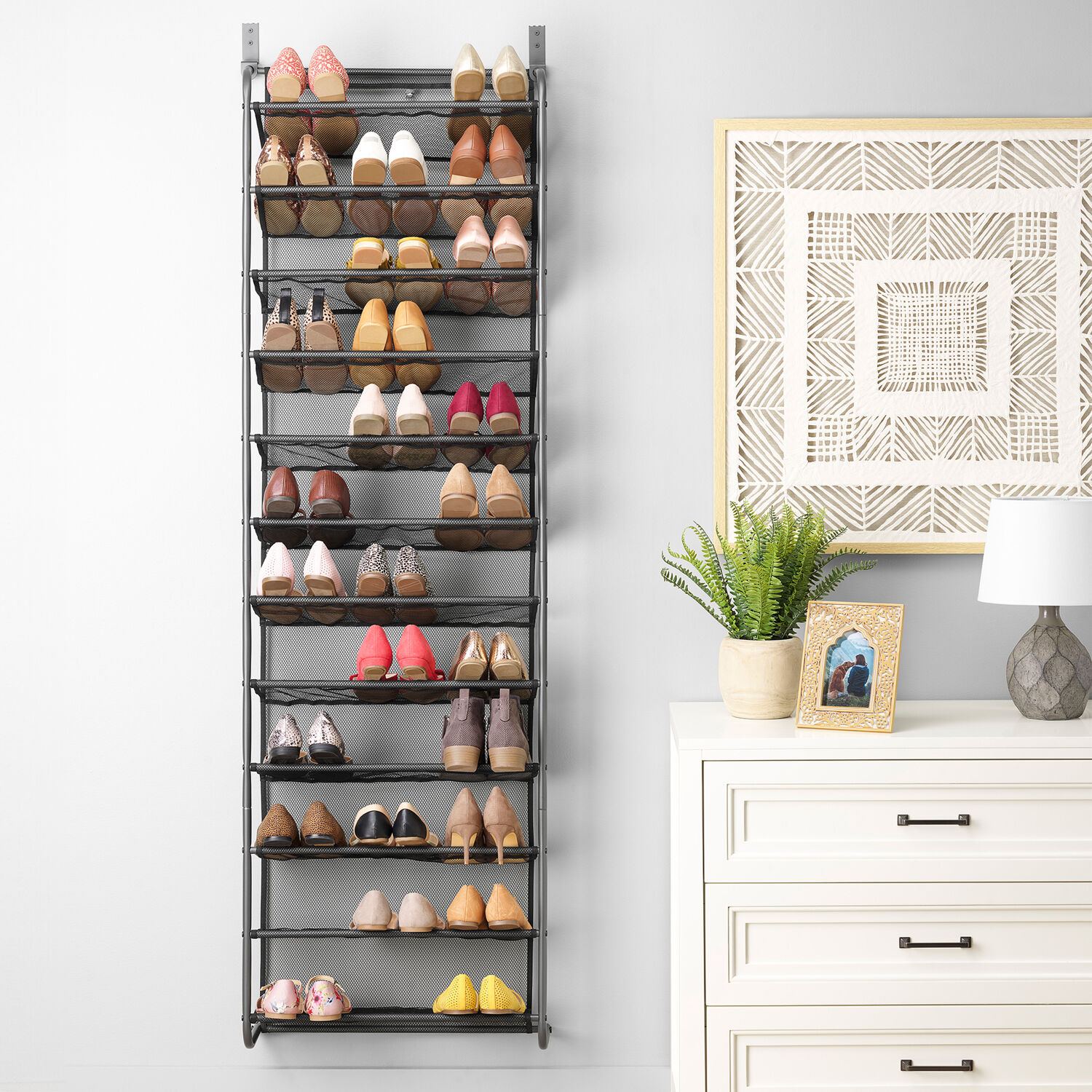 Gunmetal Gray Over-the-Door 36-Pair Shoe Rack with Mesh