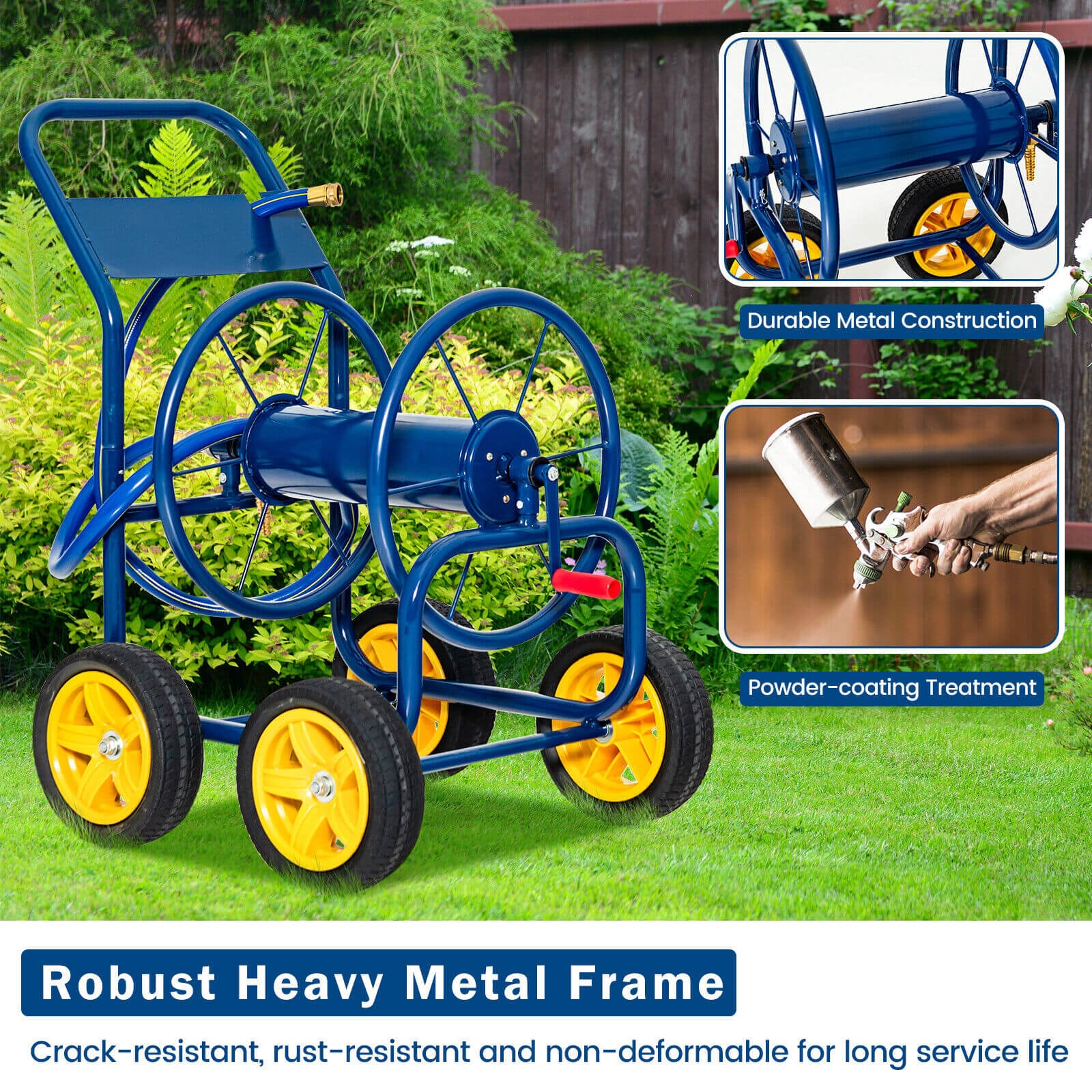 WELLFOR Blue Plastic Garden Hose Reel Cart with Hose Guide - 330ft