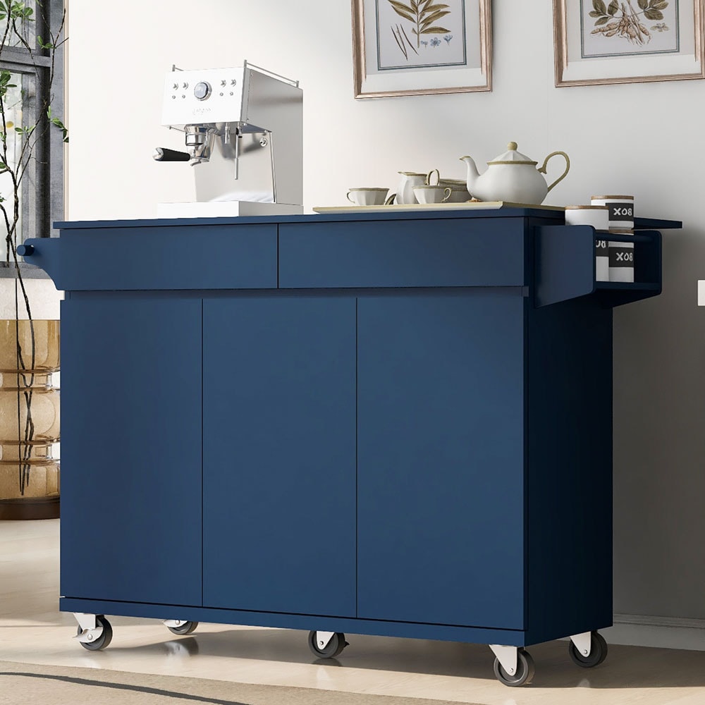 ModernLuxe Blue MDF Base with Wood Wood Top Rolling Kitchen Island ( 27.56-in x 53.15-in x 36.33-in )