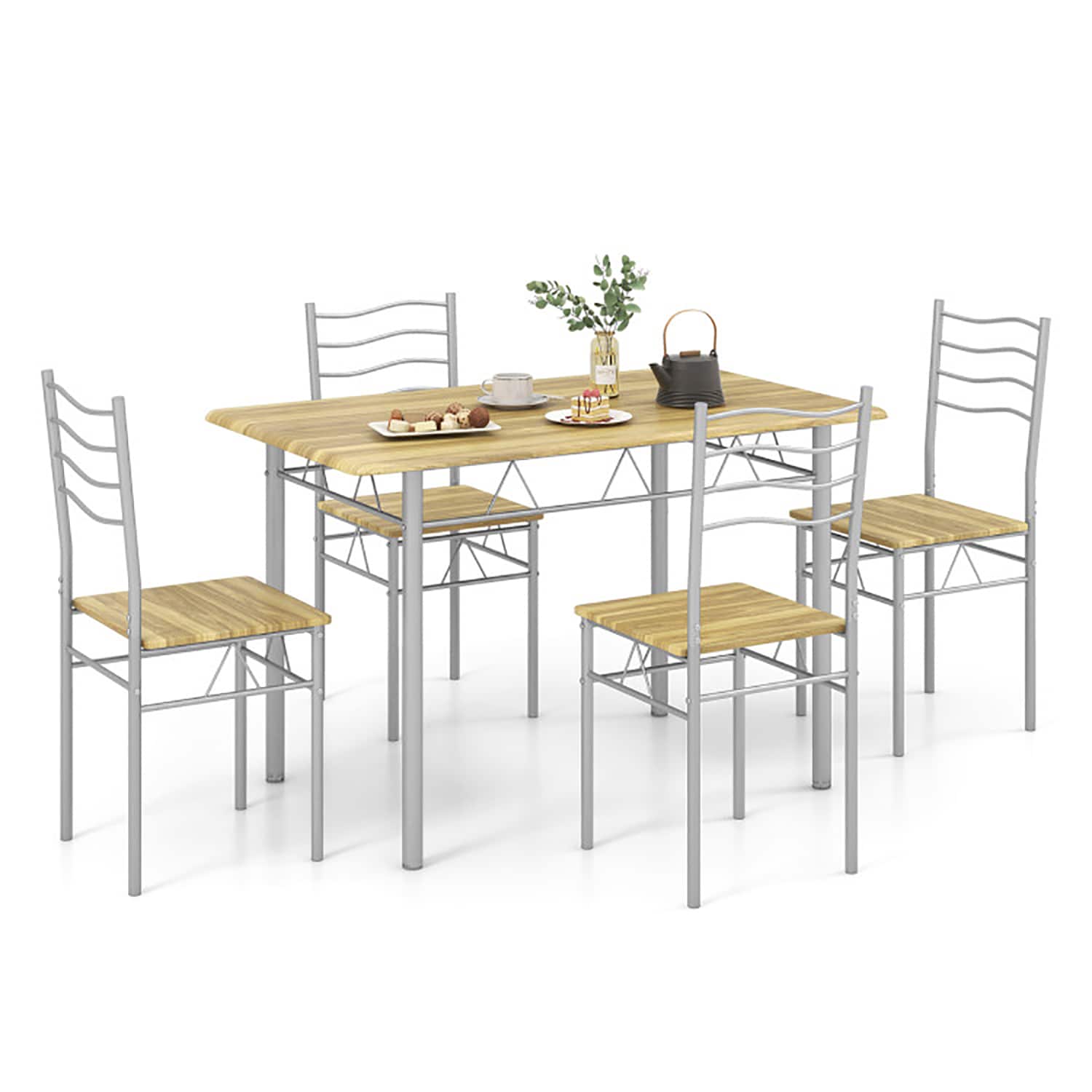 Walnut and Silver Metal 5-Piece Dining Set with MDF Chairs