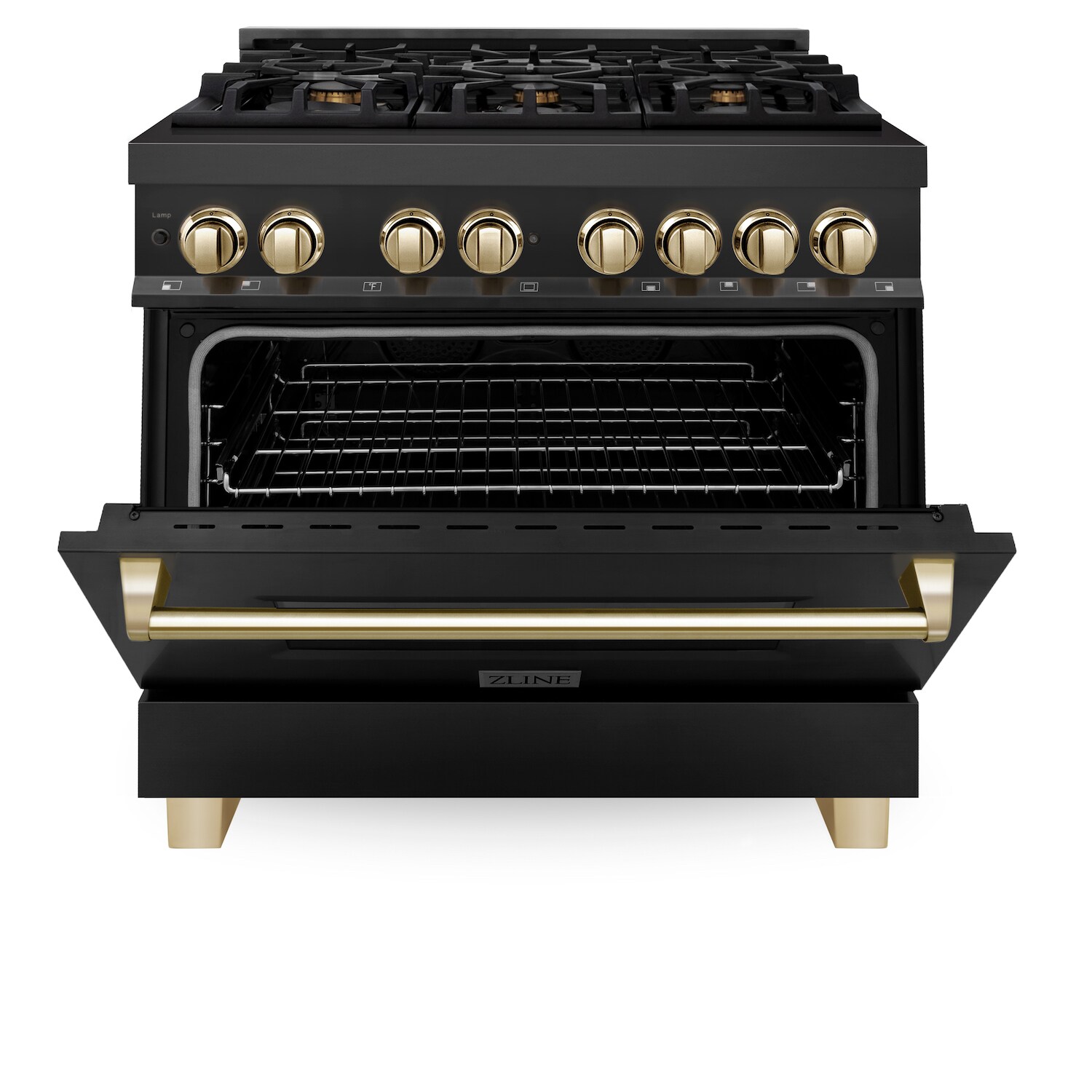 ZLINE KITCHEN & BATH Autograph Edition 36-in Deep Recessed 6 Burners Convection Oven Freestanding Dual Fuel Range (Black Stainless Steel with Gold Accents) in the Single Oven Dual Fuel Ranges department at