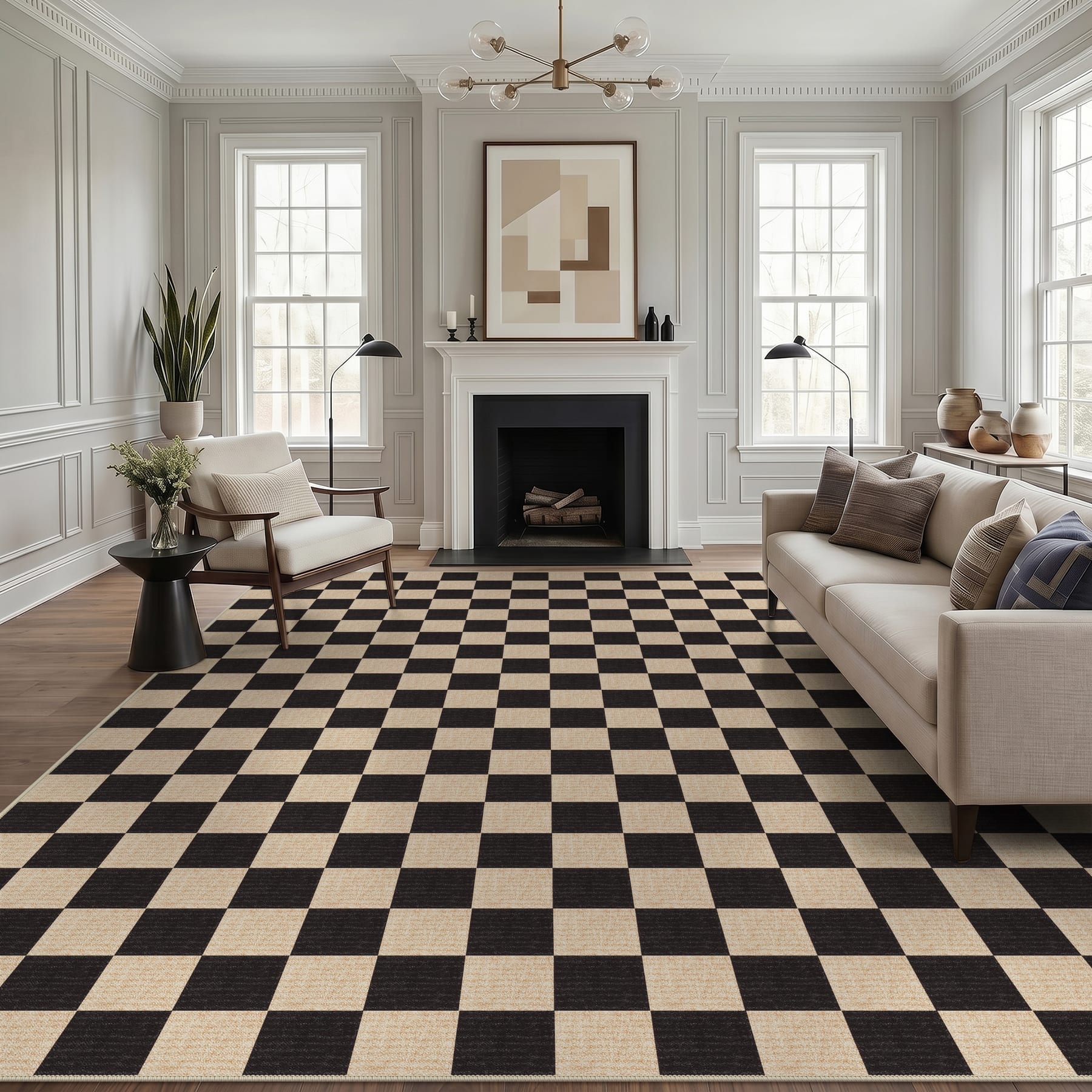 LITTLE TREE 9x12 (ft) Black Checkered Area Rugs Washable Easy-Clean Non-Slip Stain Resistant Soft Carpet with Extra Anti-Slip Patches Geometric Rugs for Entryway Living Room Nursery Bedroom