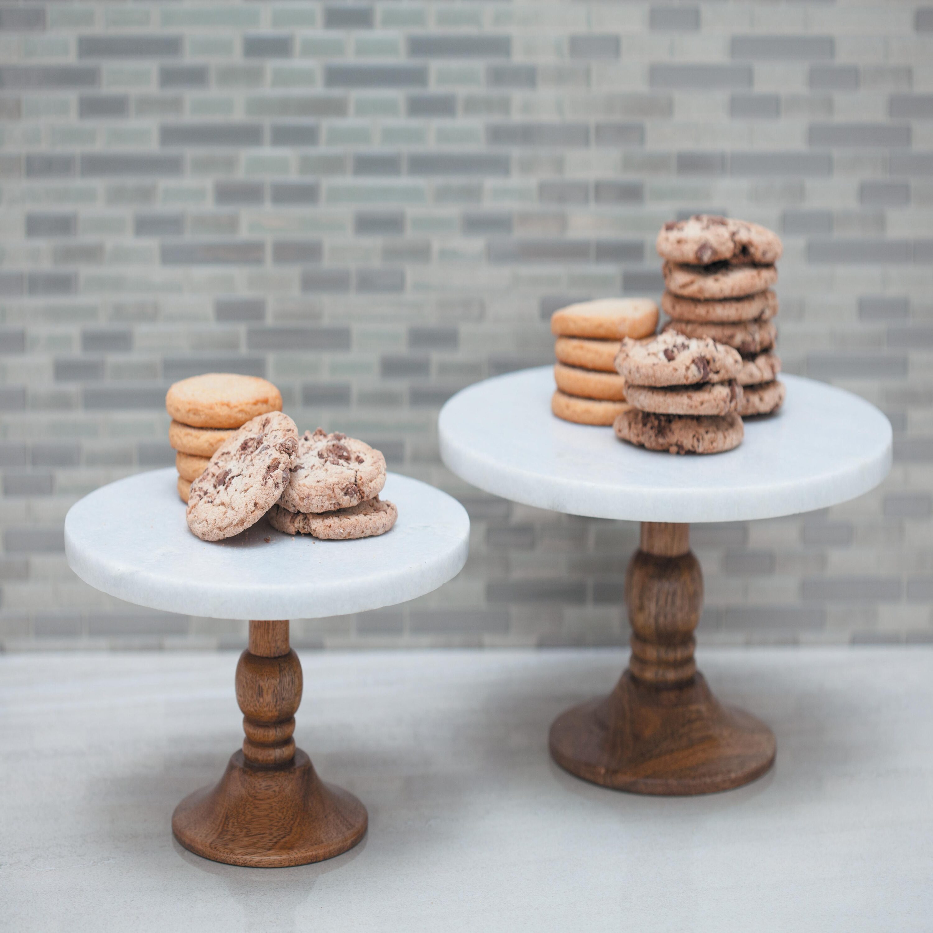 White Marble and Brown Wood Cake Stand, 10" x 5"
