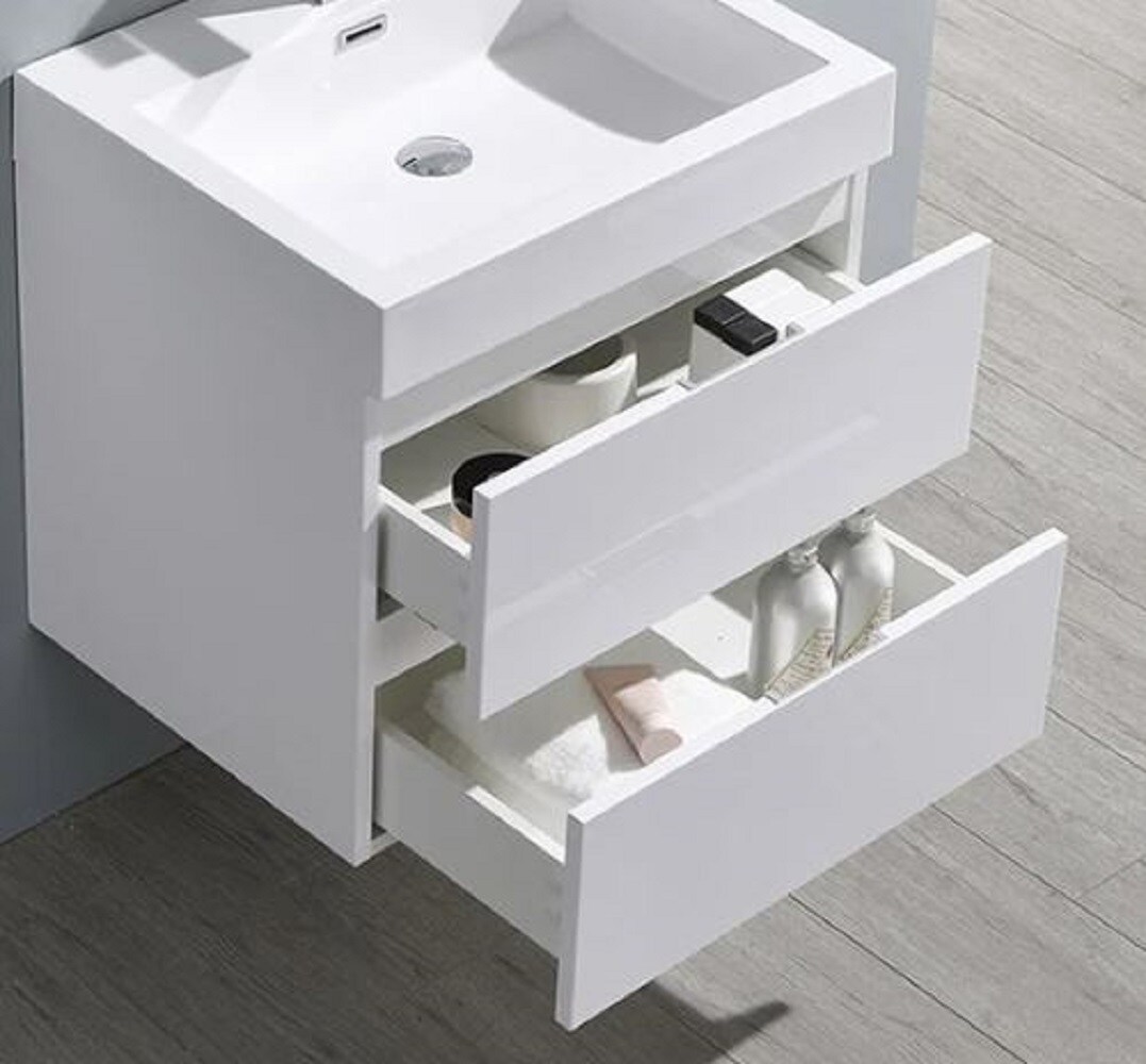 Glossy White 24" Wall-Mount Bathroom Vanity with Acrylic Sink